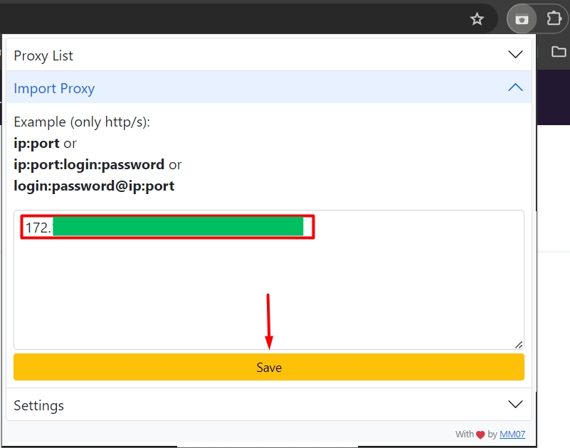 Đăng nhập thông tin Proxy vừa khởi tạo lên tiện ích Simple Proxy Switcher