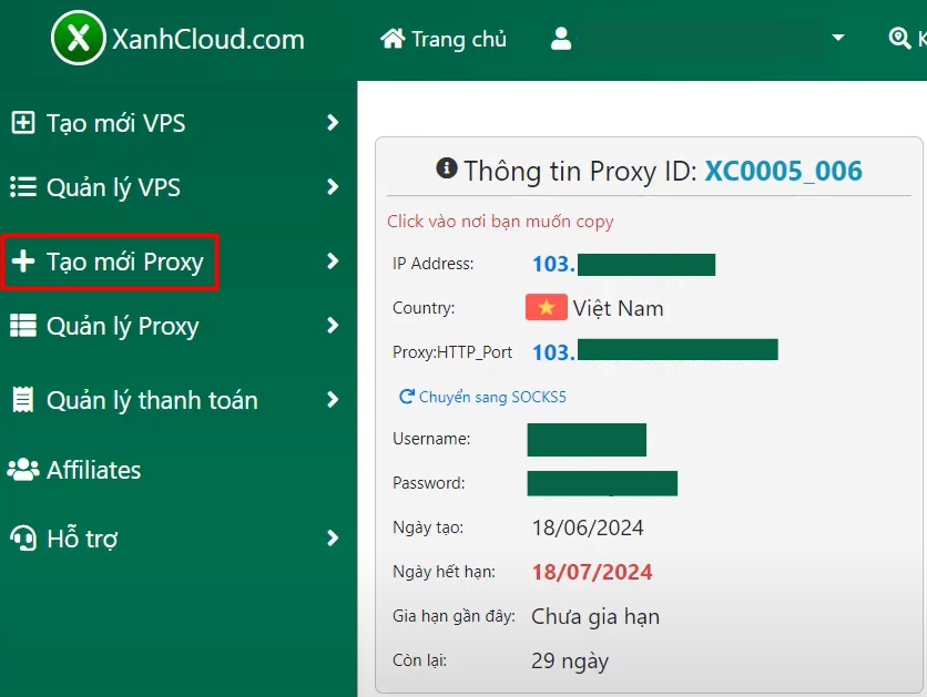 Khởi tạo Proxy tại XanhCloud để đăng nhập thông tin lên tiện ích