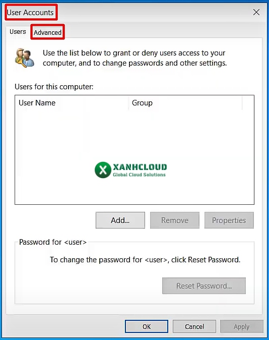 Tại cửa sổ User Accounts chọn Avanced