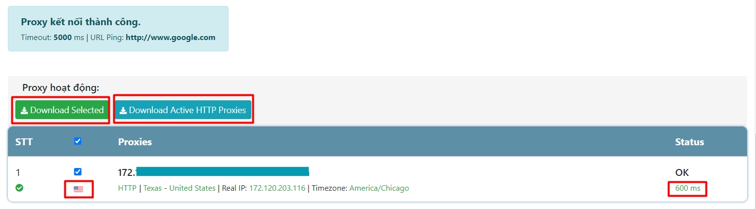 Tại đây, Website có hiển thị biểu tượng quốc gia nơi bạn mua Proxy, phía dưới sẽ là thời gian IP ping đến URL Google 