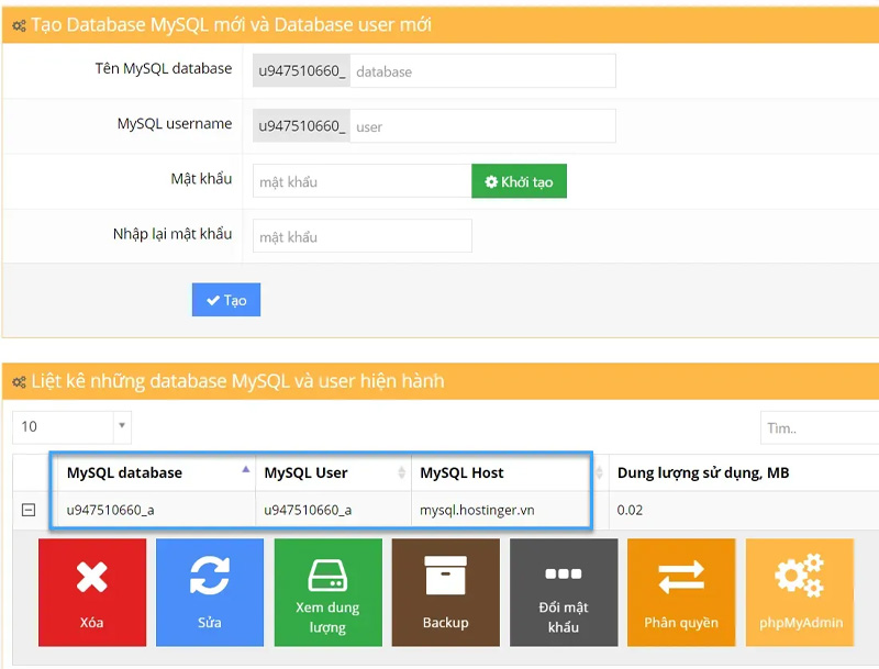 Cấu hình database nếu website sử dụng