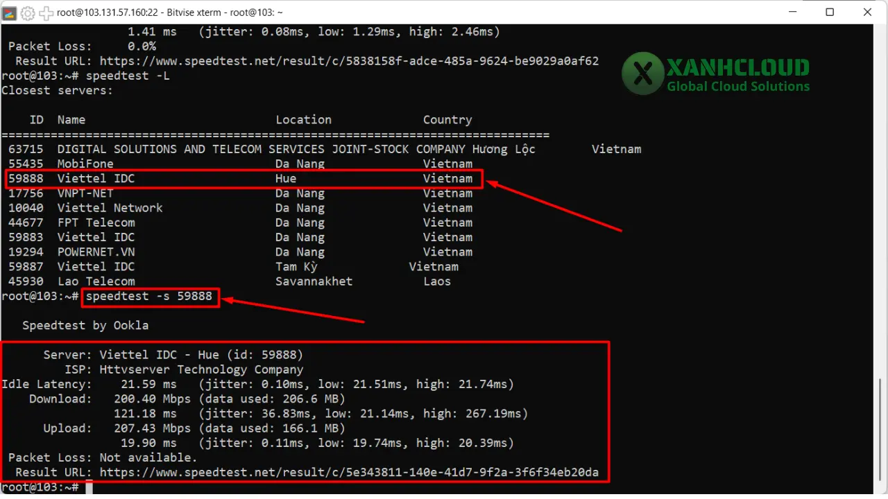 Chạy Speedtest CLI với server chỉ định (ID_ 59888 – Viettel IDC Huế)