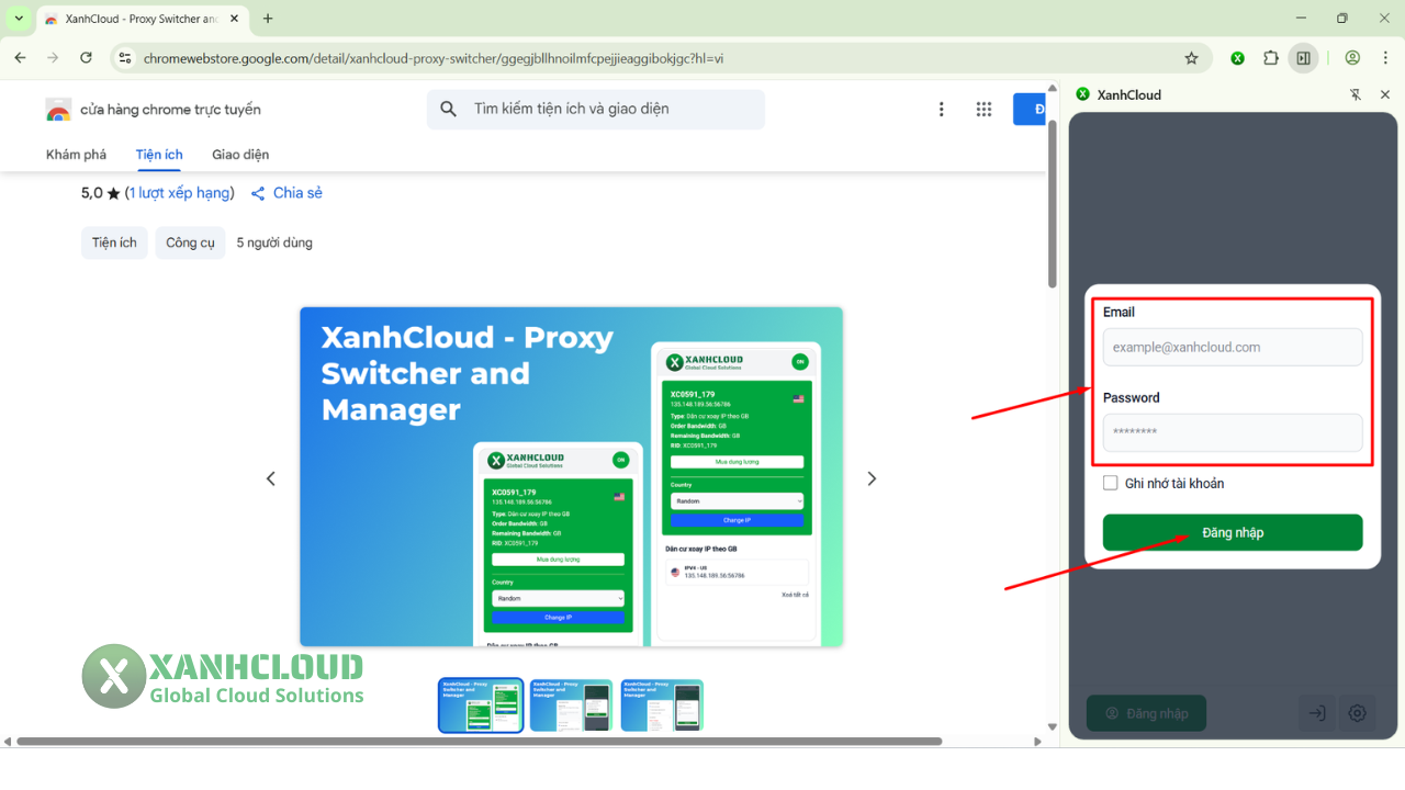 Đăng nhập tài khoản Xanhcloud để đồng bộ proxy lên tiện ích