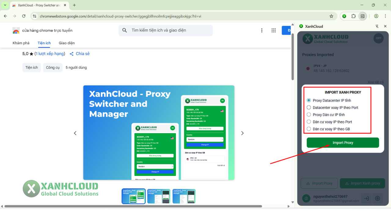Đồng bộ tài khoản xanhcloud vào tiện ích để sử dụng proxy