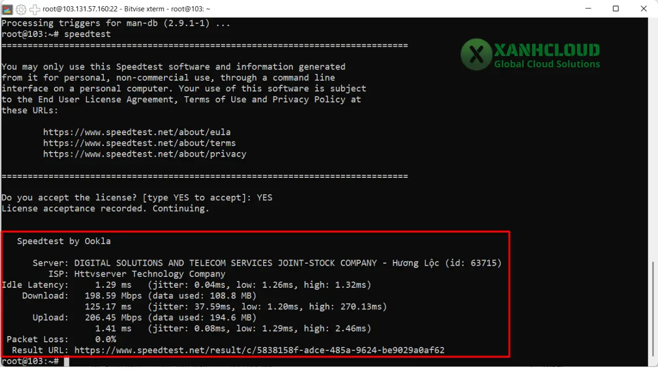 Hiển thị kết quả kiểm tra tốc độ mạng (Speedtest CLI)