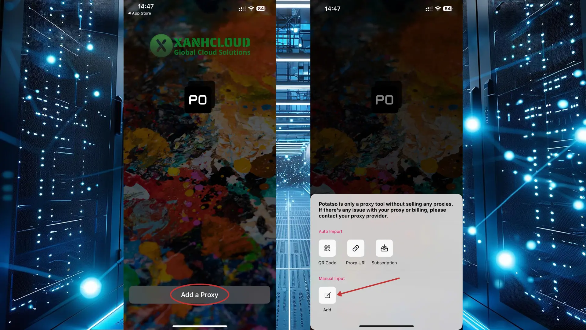 Giao diện mở app Potatso để thêm Proxy