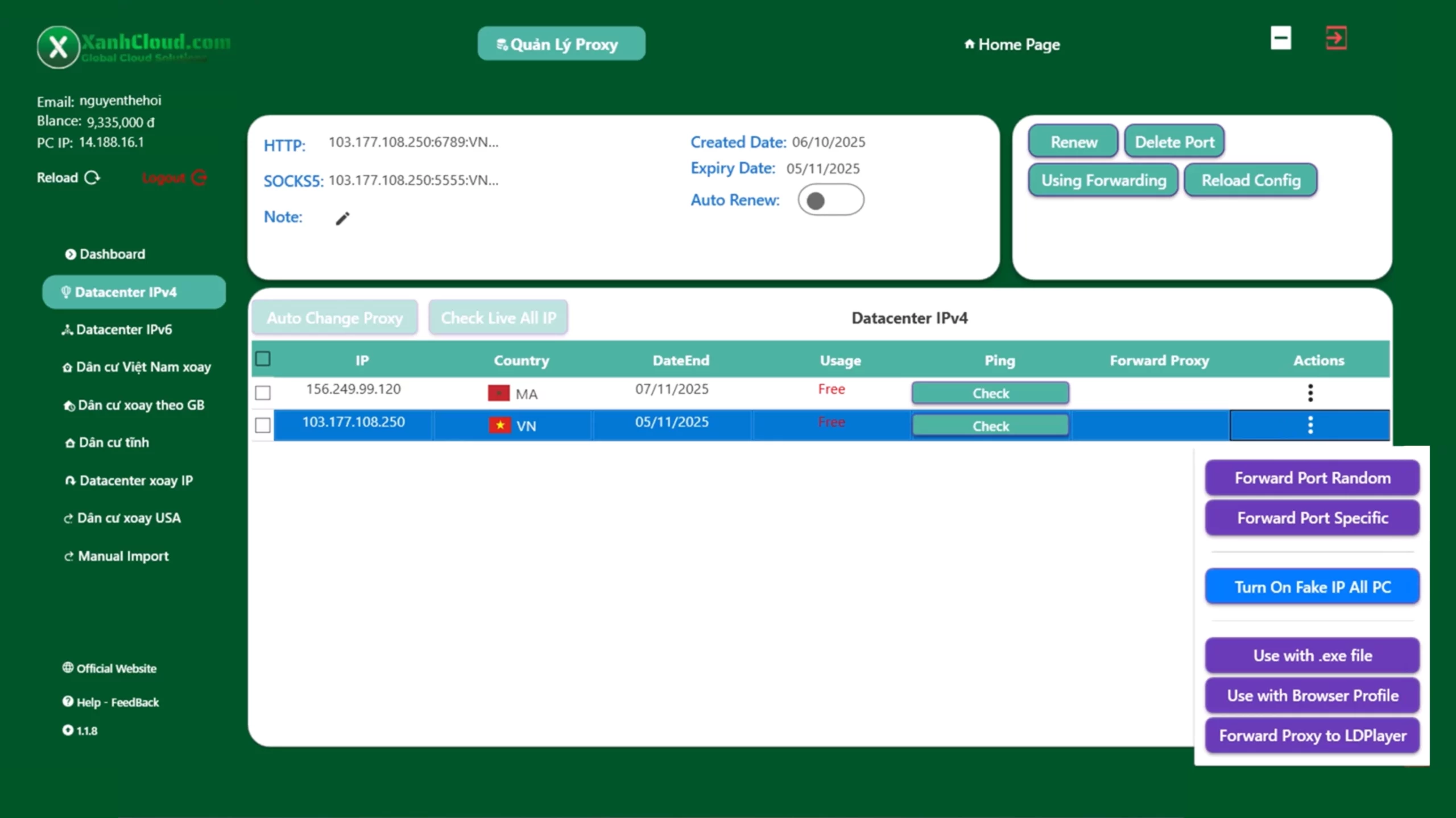Giao diện quản lý Datacenter IPv4 Proxy app XanhCloud Proxy Client