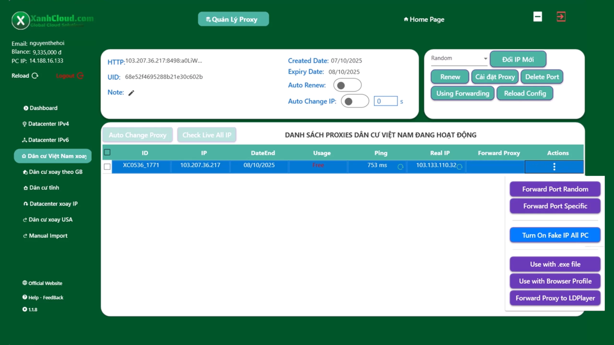 Giao diện quản lý Proxy dân cư Việt Nam xoay app XanhCloud Proxy Client