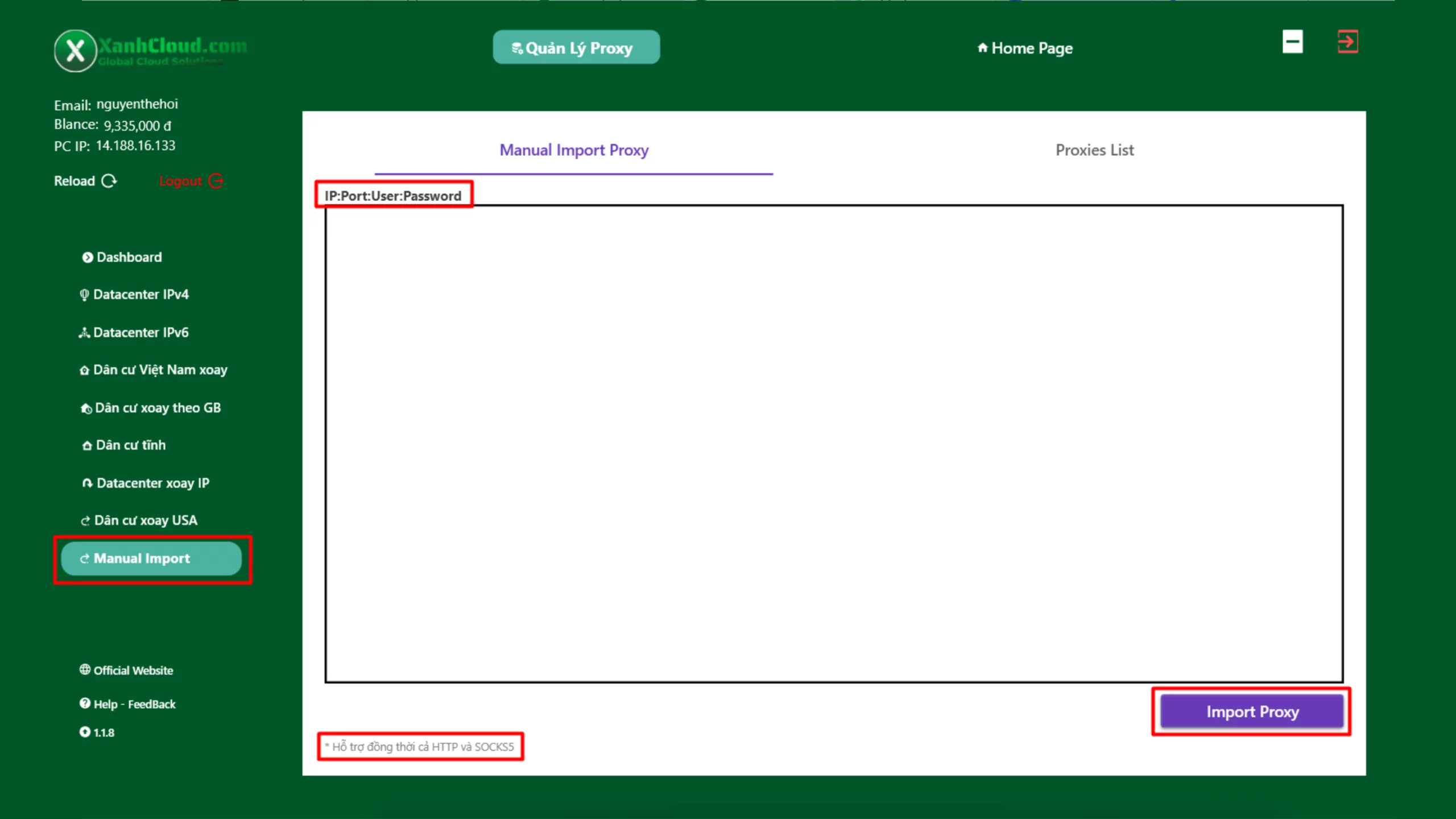 Màn hình Import Proxy thủ công app XanhCloud Proxy Client