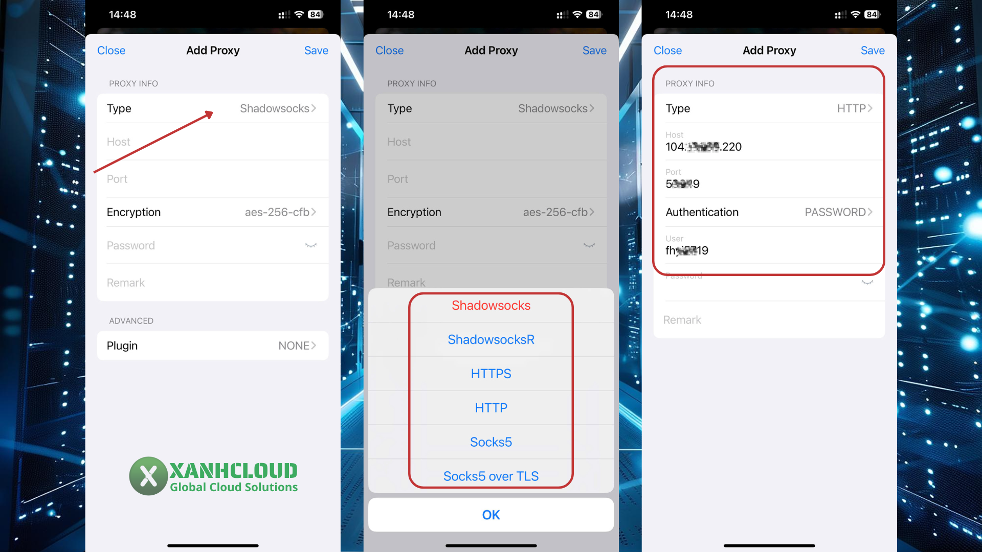 Nhập thông tin Proxy được cấp từ XanhCloud
