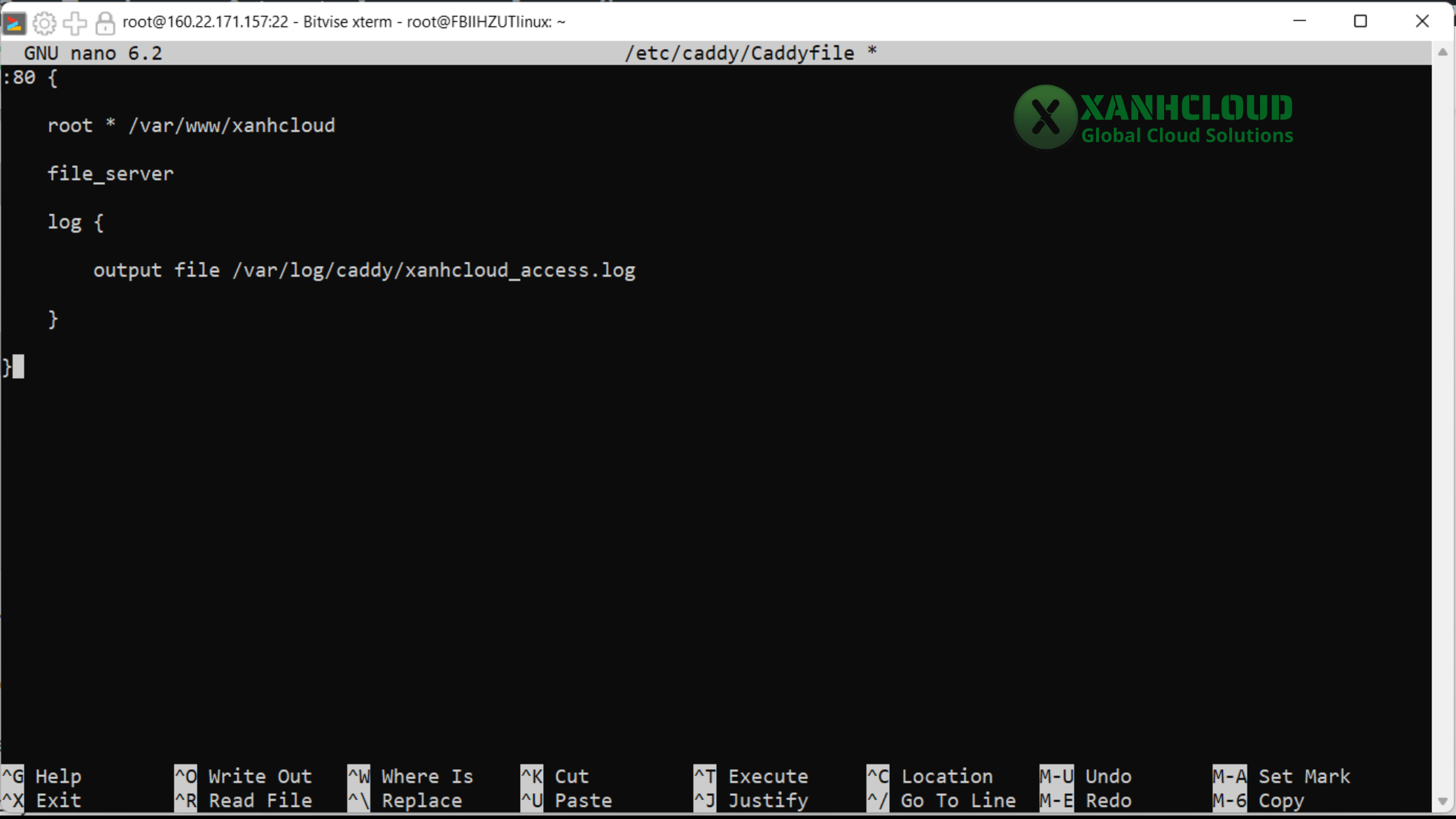 File /etc/caddy/Caddyfile cấu hình cho Xanhcloud
