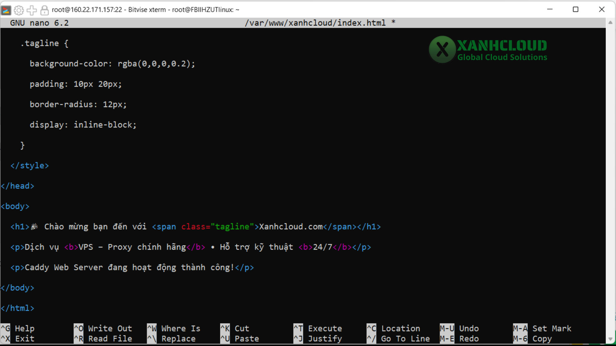 File index.html được mở trong nano