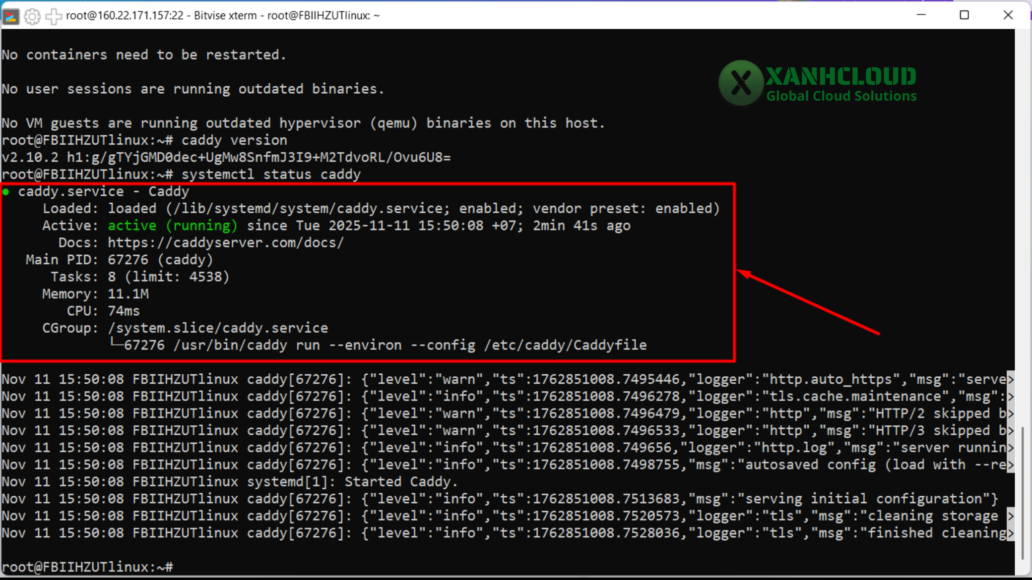 Terminal hiển thị “Active: active (running)
