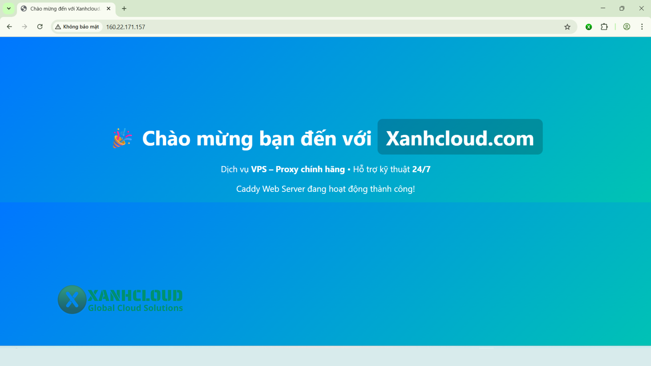Trình duyệt hiển thị giao diện chào mừng Xanhcloud