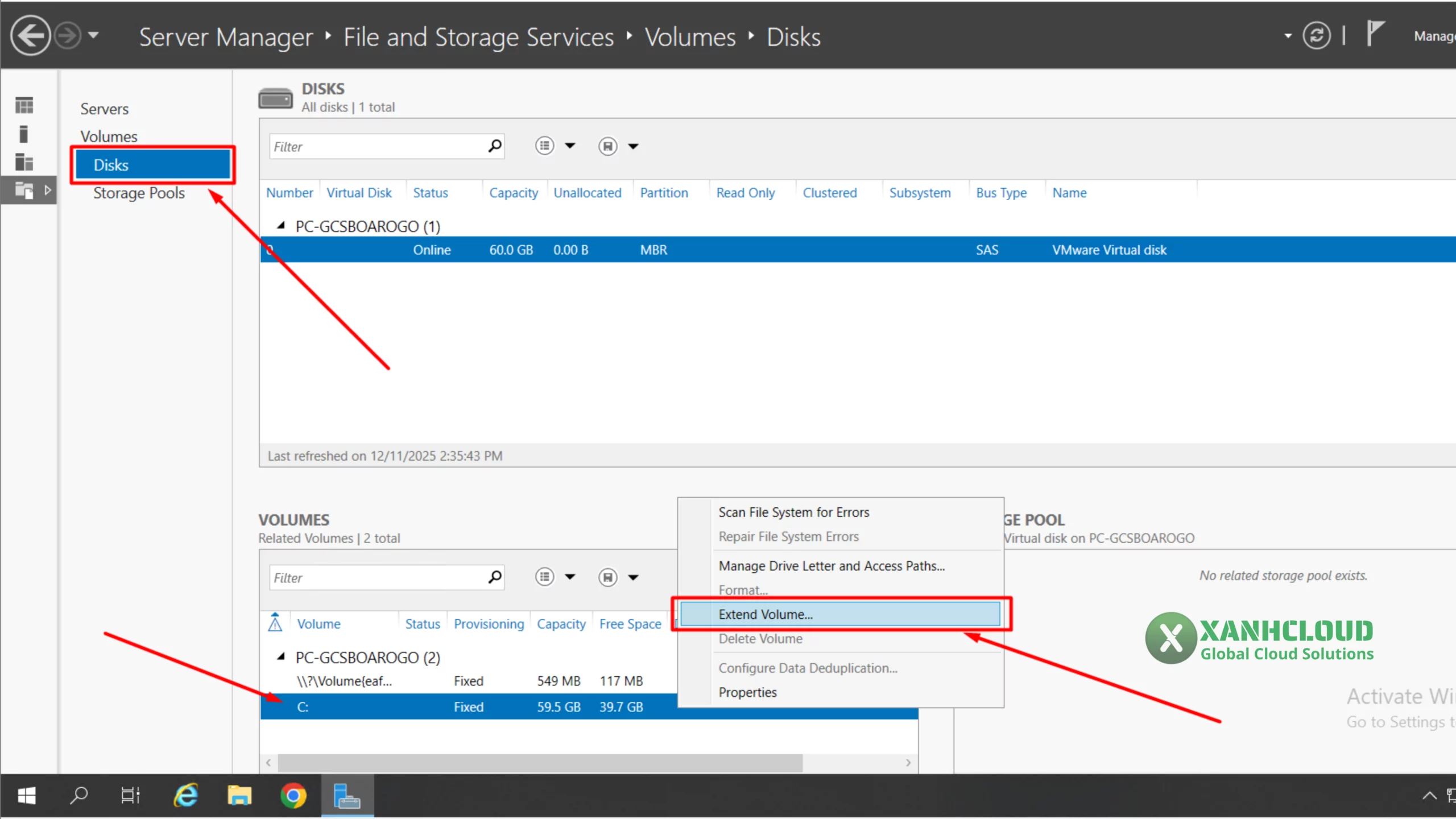 Chọn ổ đĩa cần mở rộng VPS Windows server