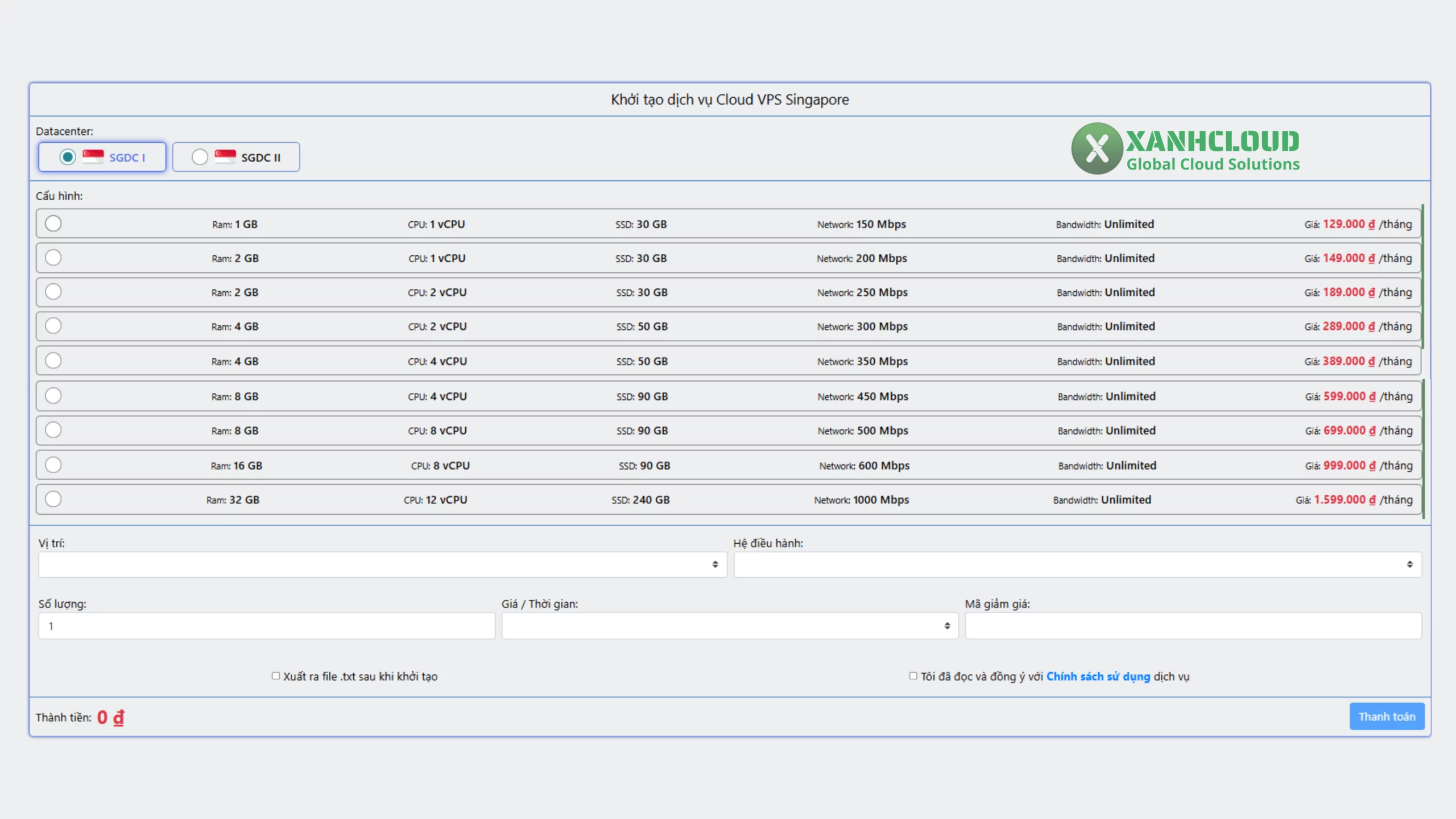 Cụm VPS Singapore SGDC I sử dụng CPU Intel Xeon, bảng cấu hình và giá