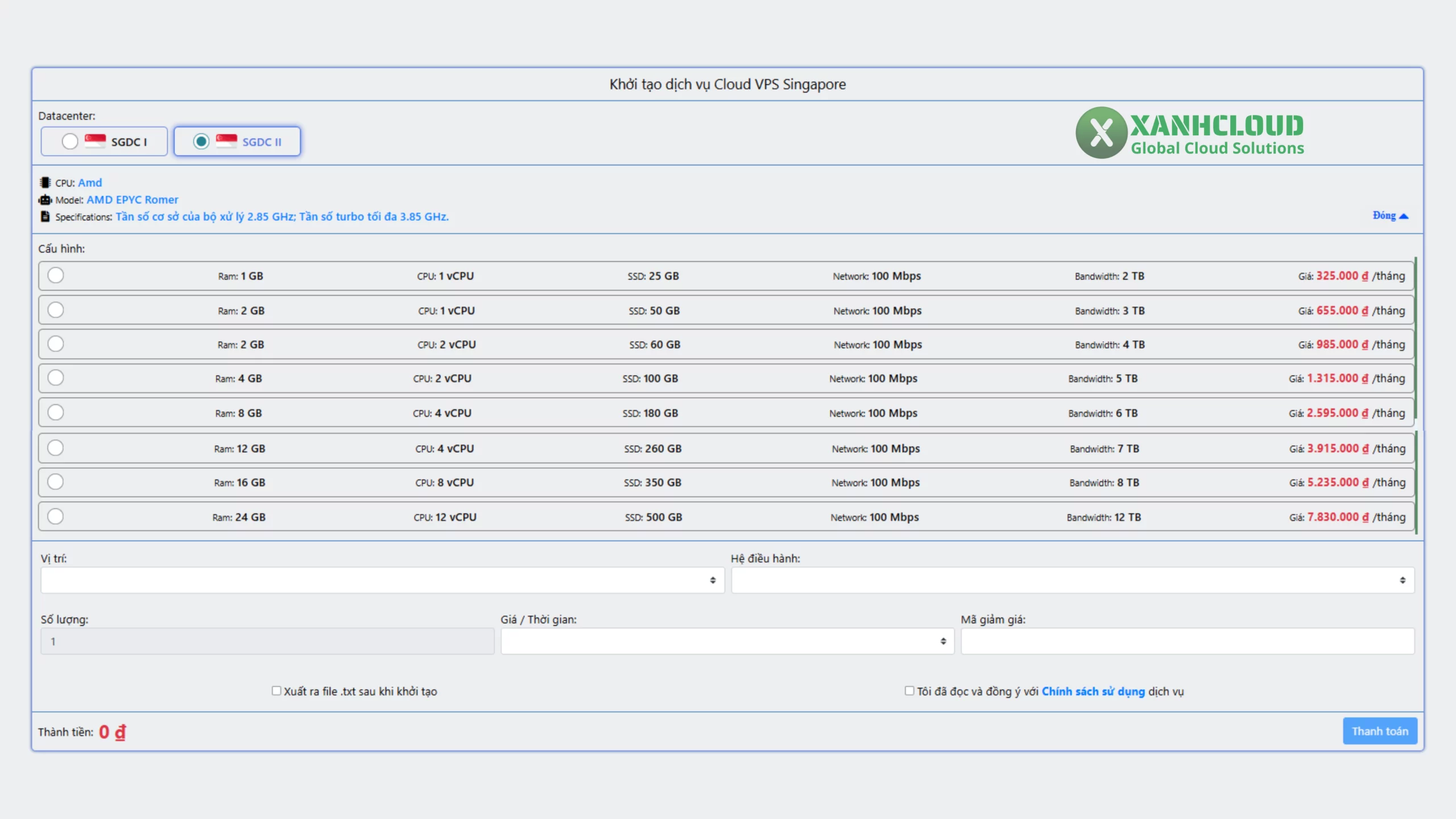 Cụm VPS Singapore SGDC II sử dụng CPU AMD EPYC Romer, thông số và bảng giá