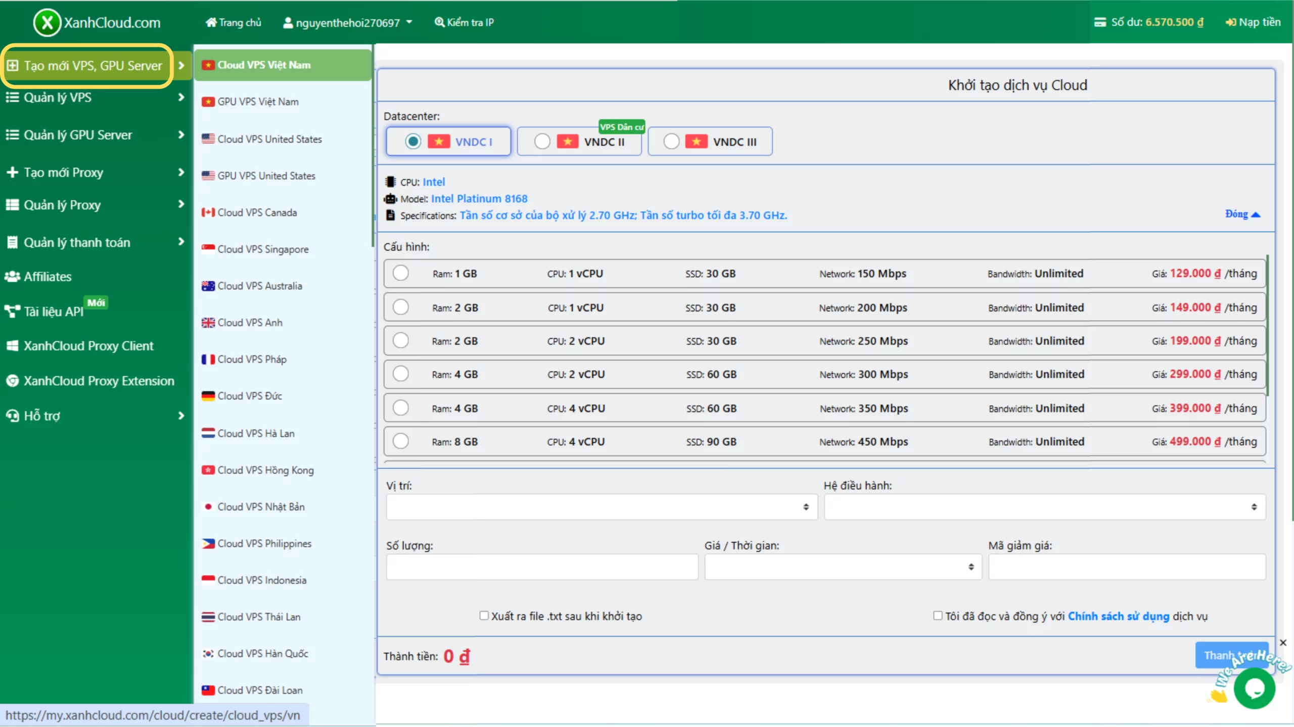 Danh sách gói VPS tại XanhCloud