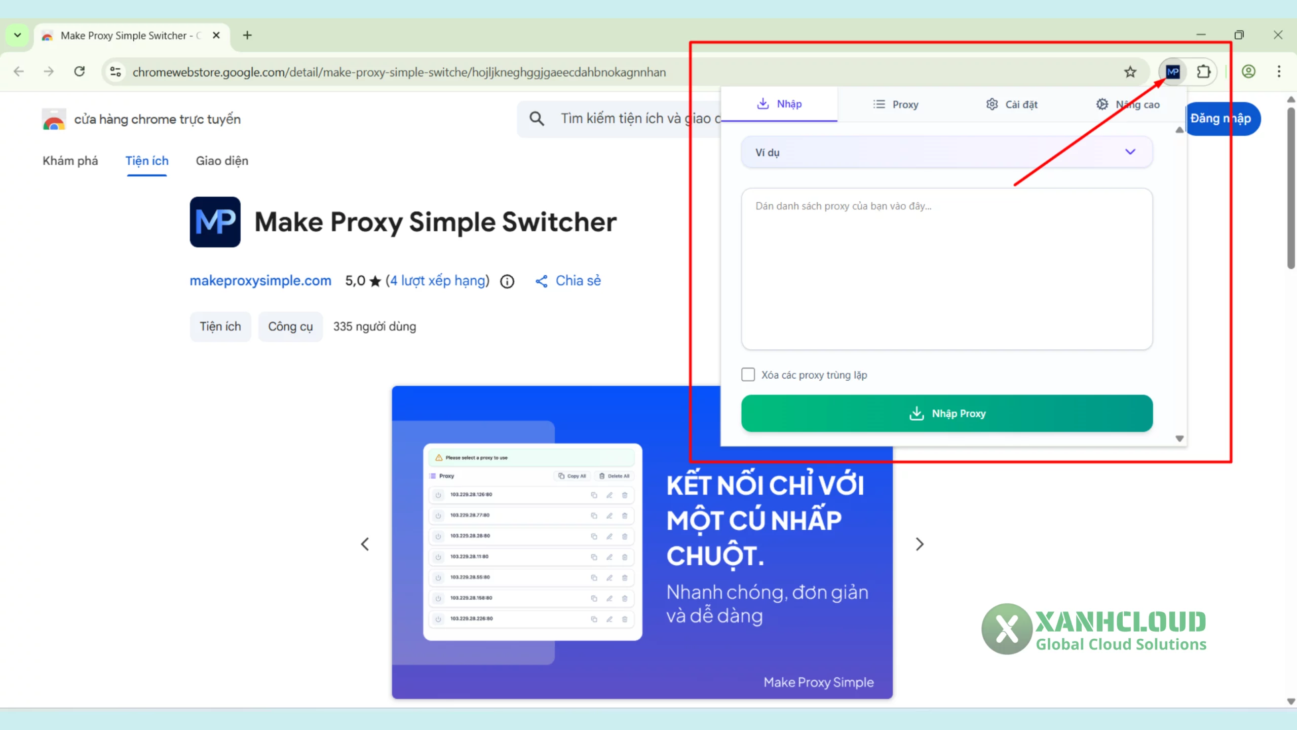 Giao diện icon tiện ích Make Proxy Simple Switcher trên Chrome