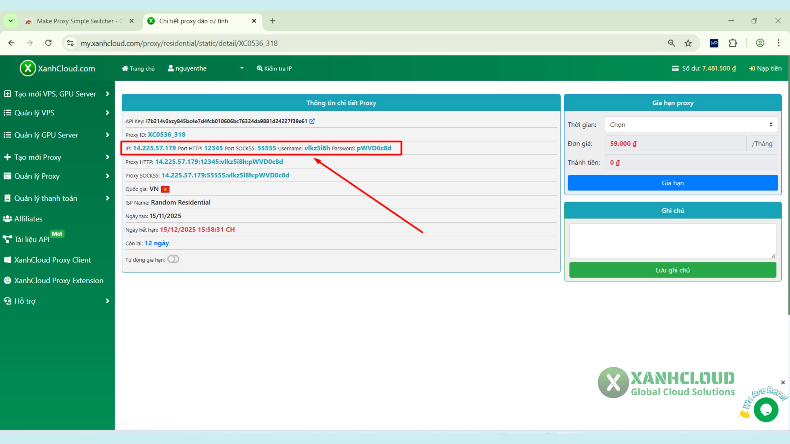 Lấy thông tin IP, Port, User, Password từ hệ thống XanhCloud