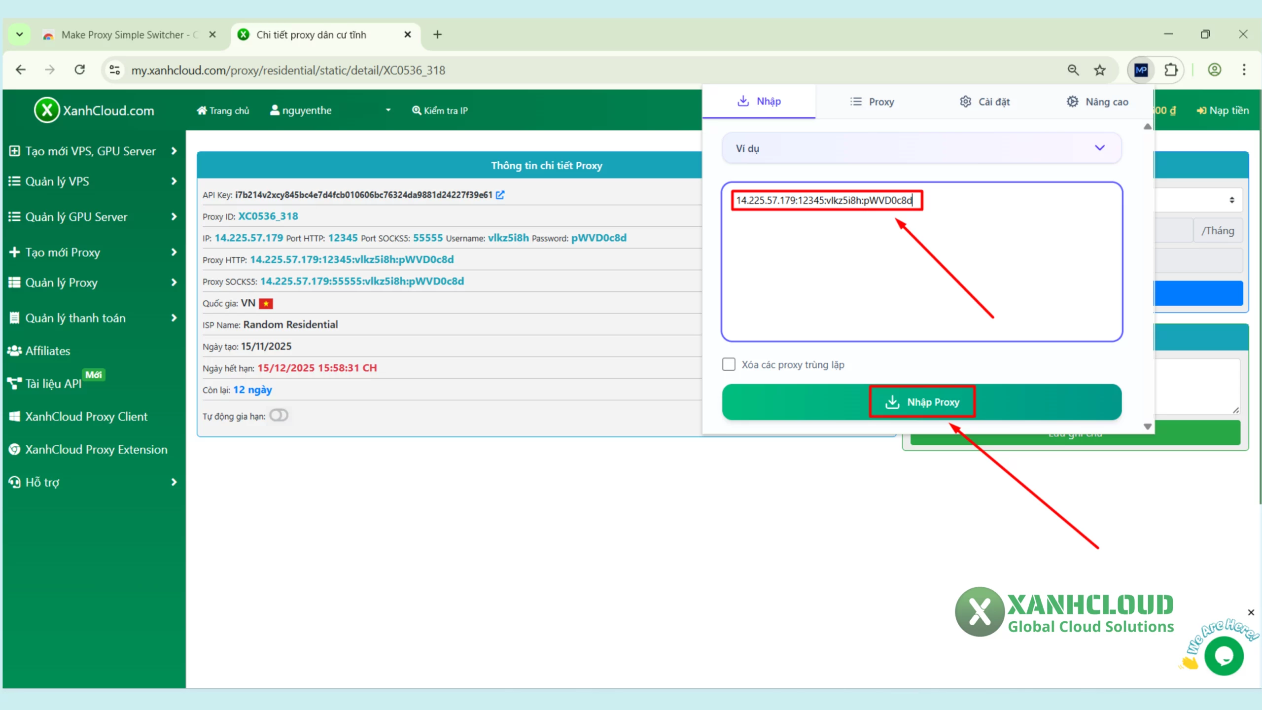 Nhập IP – Port – Username – Password trong Make Proxy Simple Switcher