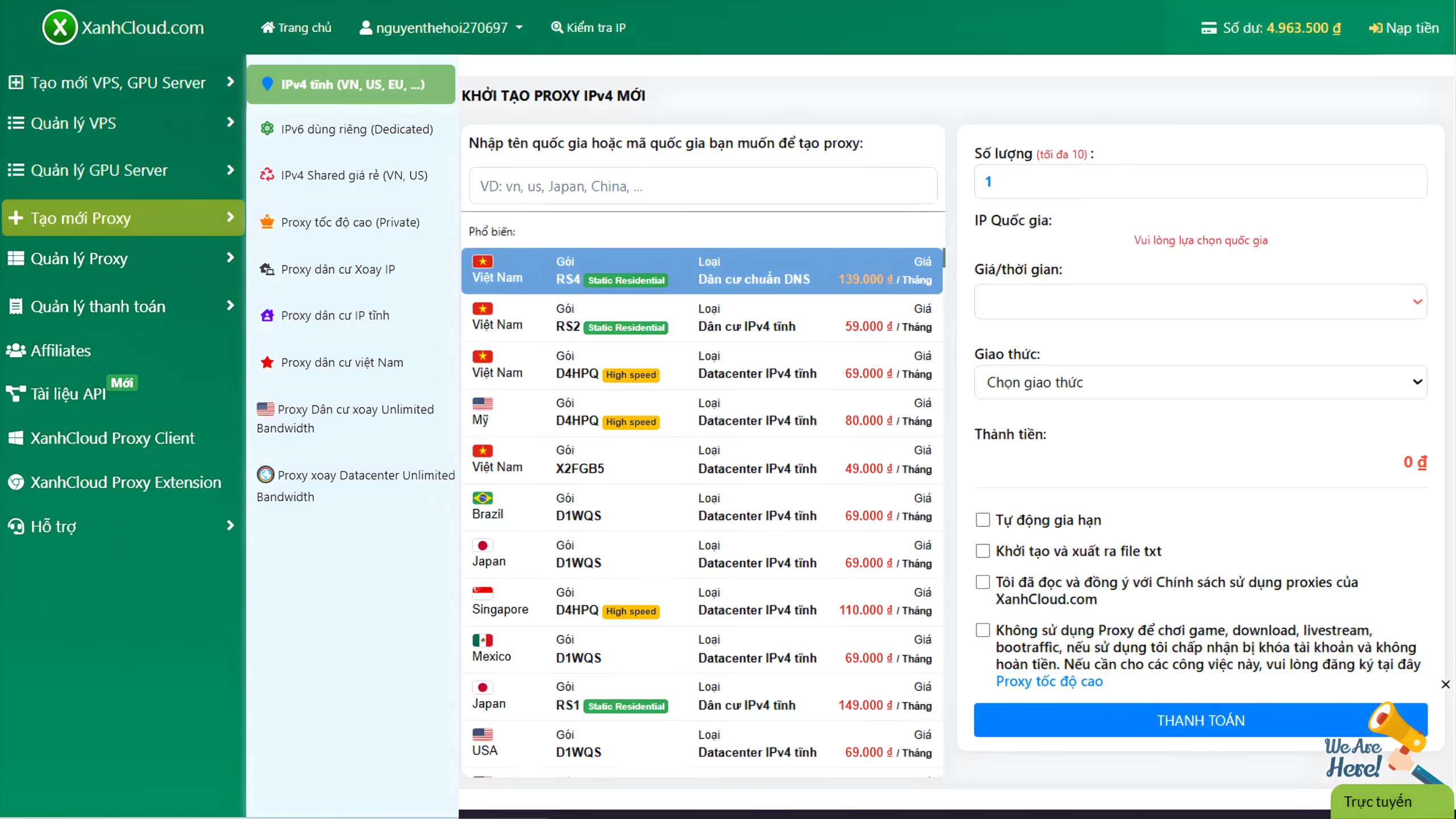 Giao diện dashboard quản lý Proxy, tạo Proxy, các gói Proxy