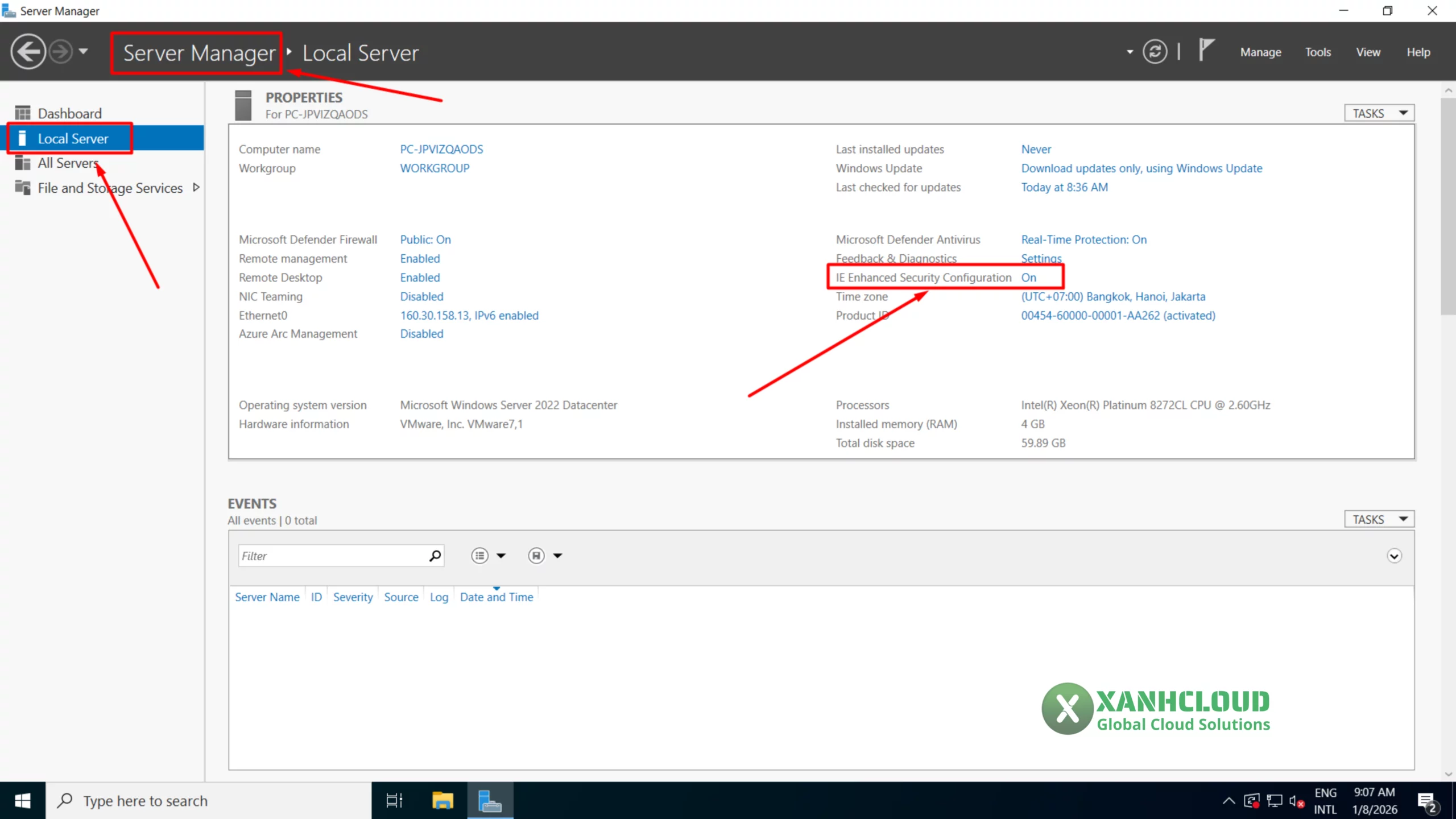 Giao diện Server Manager – Local Server trên VPS Windows
