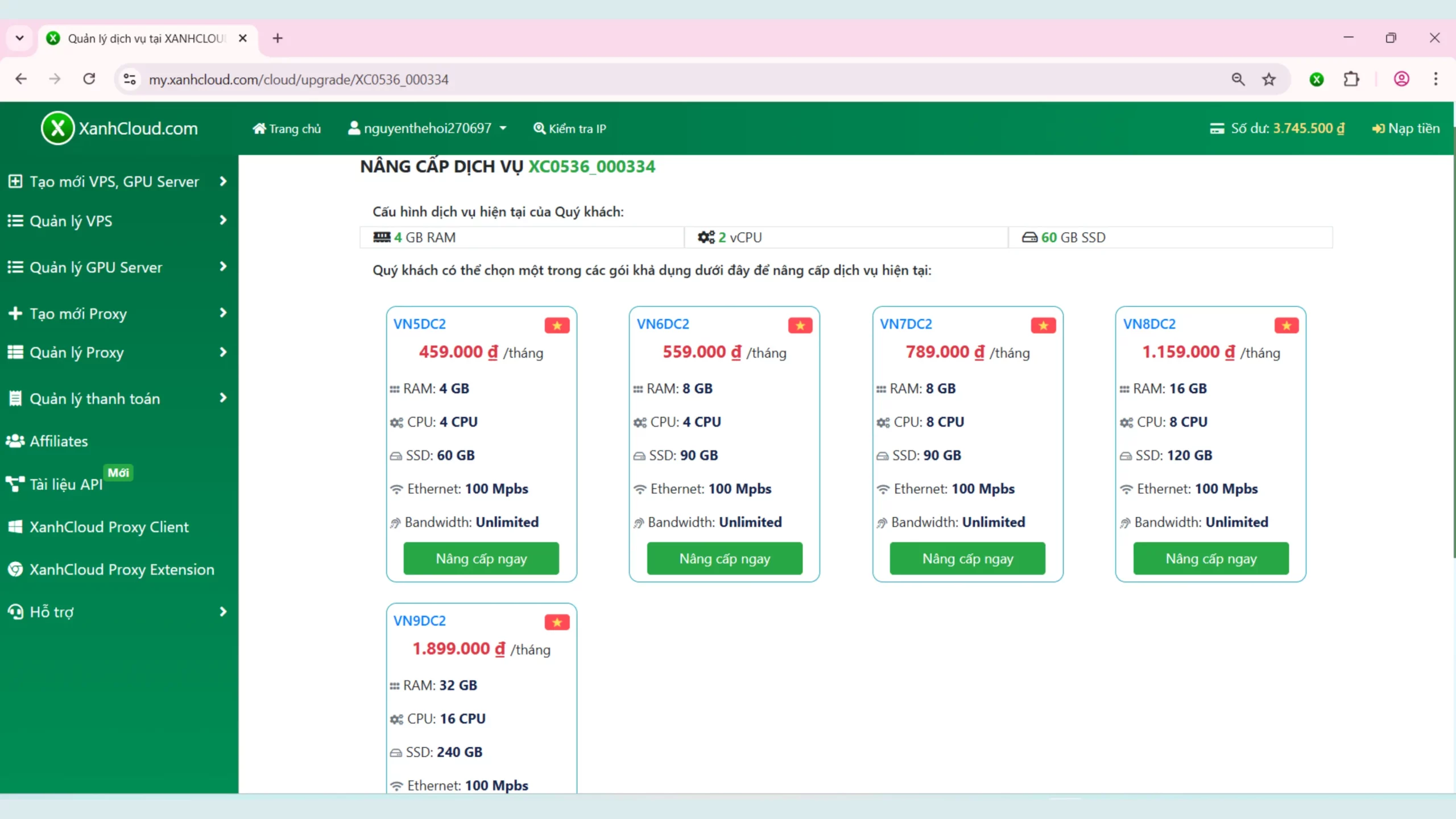 Các gói cấu hình VPS