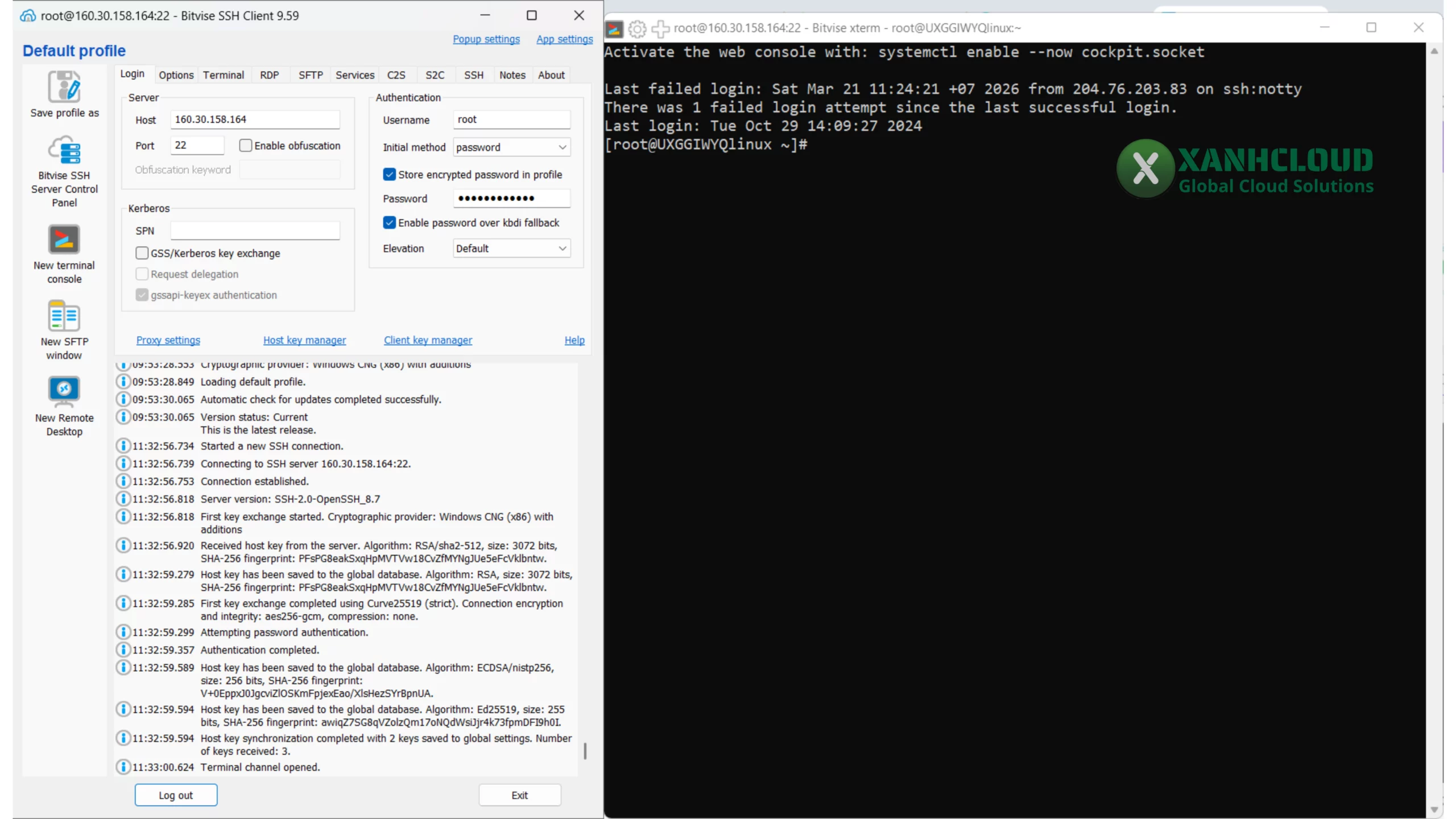 Giao diện Bitvise SSH Client đăng nhập thành công