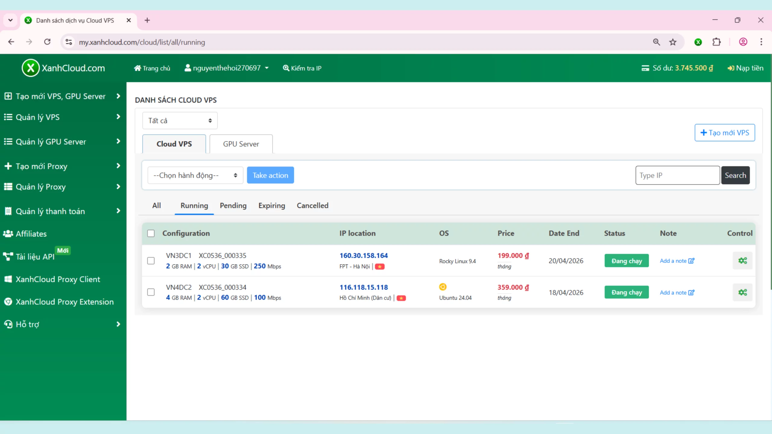 Giao diện dashboard quản lý VPS
