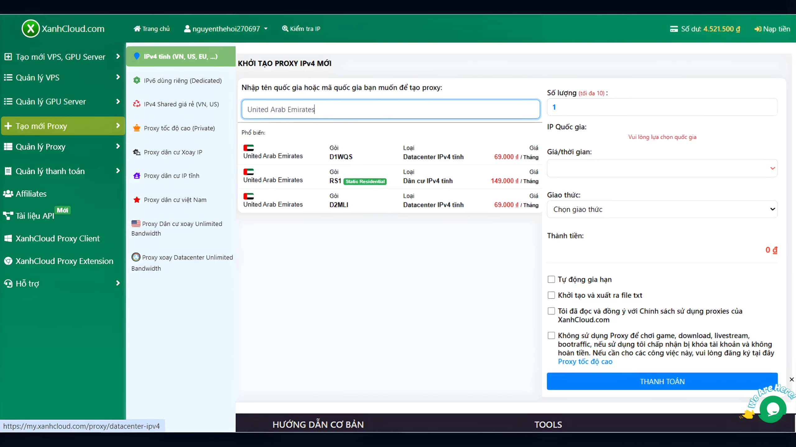 Giao diện tạo Proxy IPv4 UAE tại XanhCloud