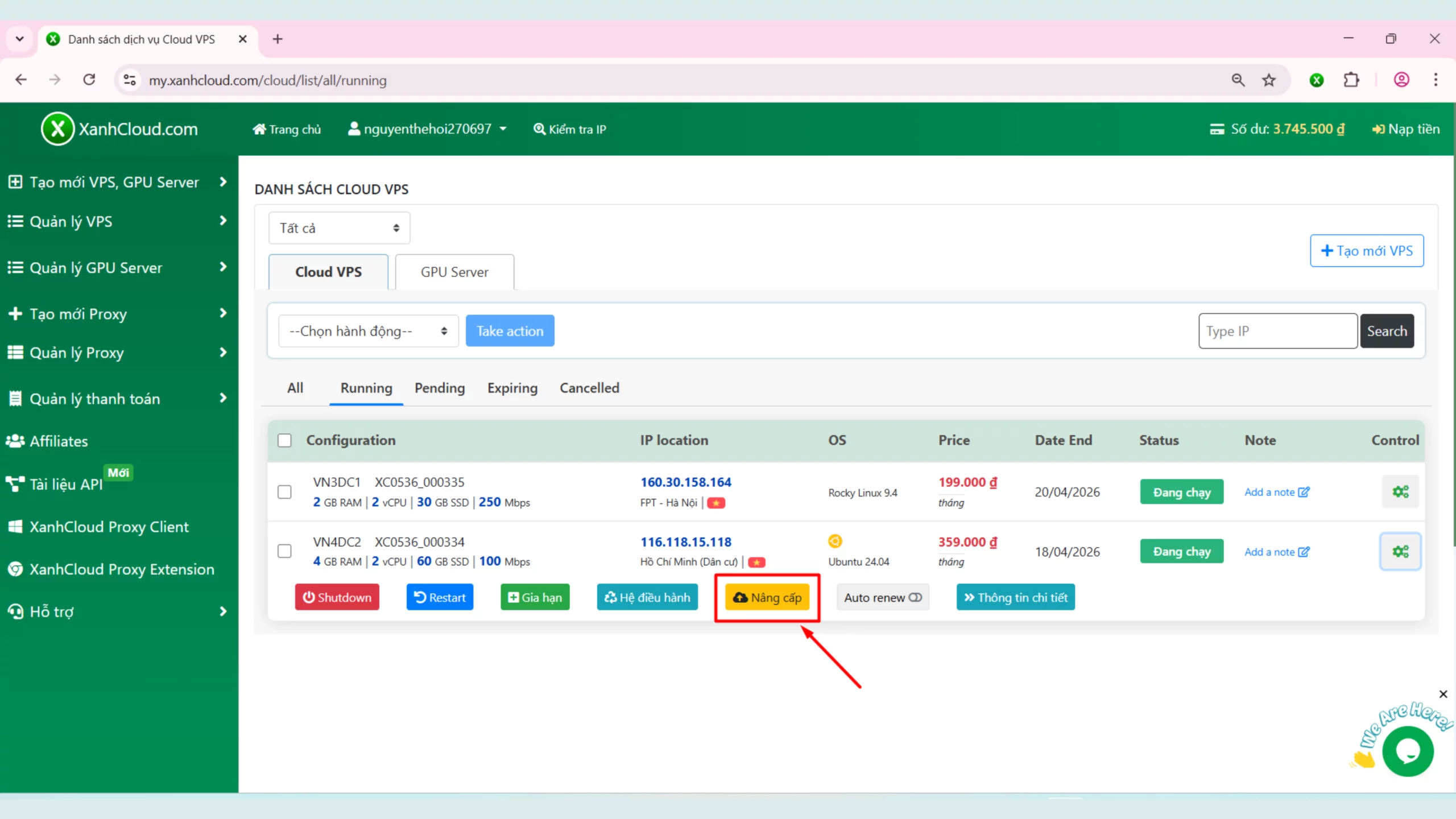 Nút nâng cấp VPS