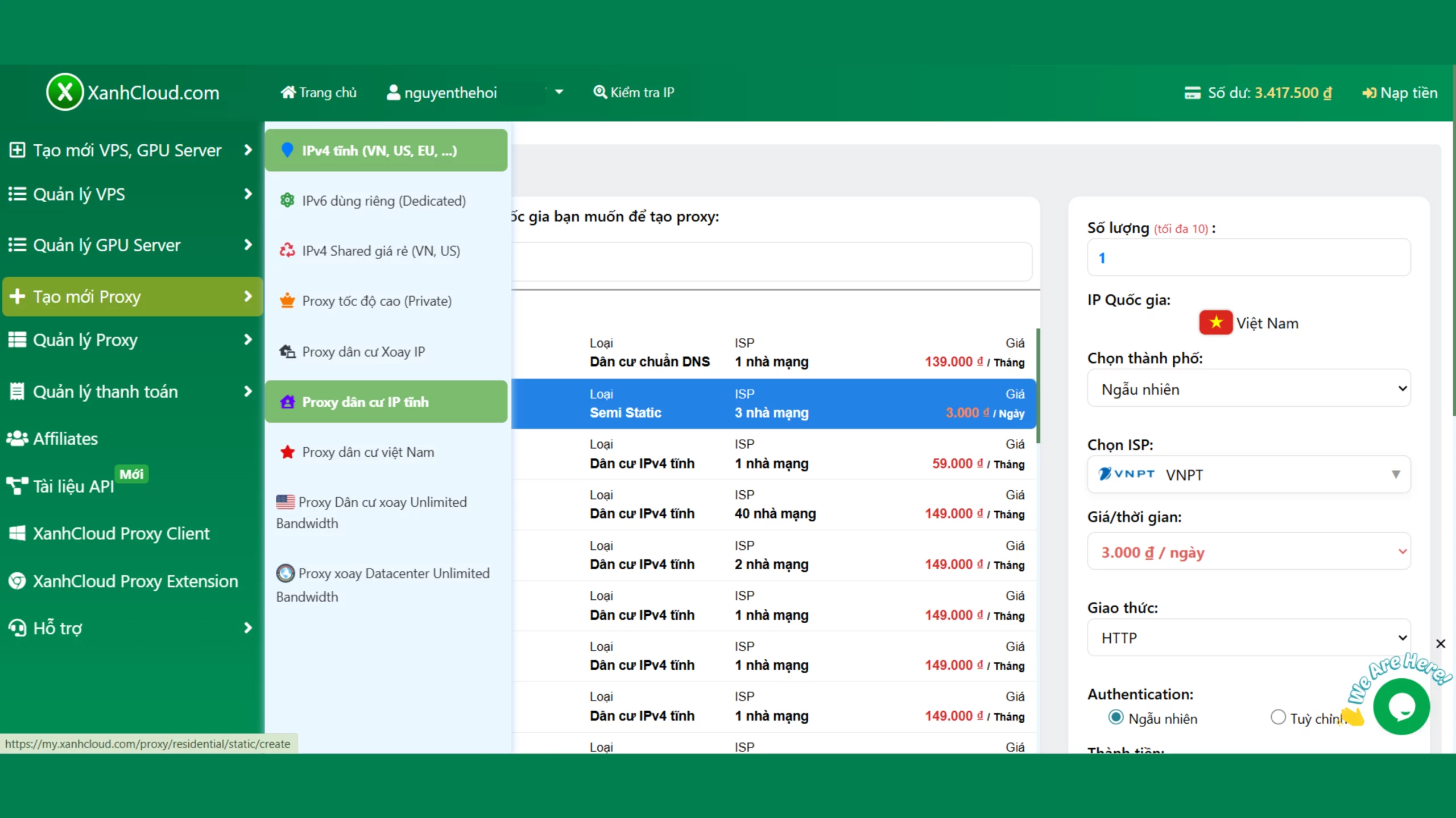 Chọn vào mục có gói Proxy IPv4 tĩnh Việt Nam theo ngày