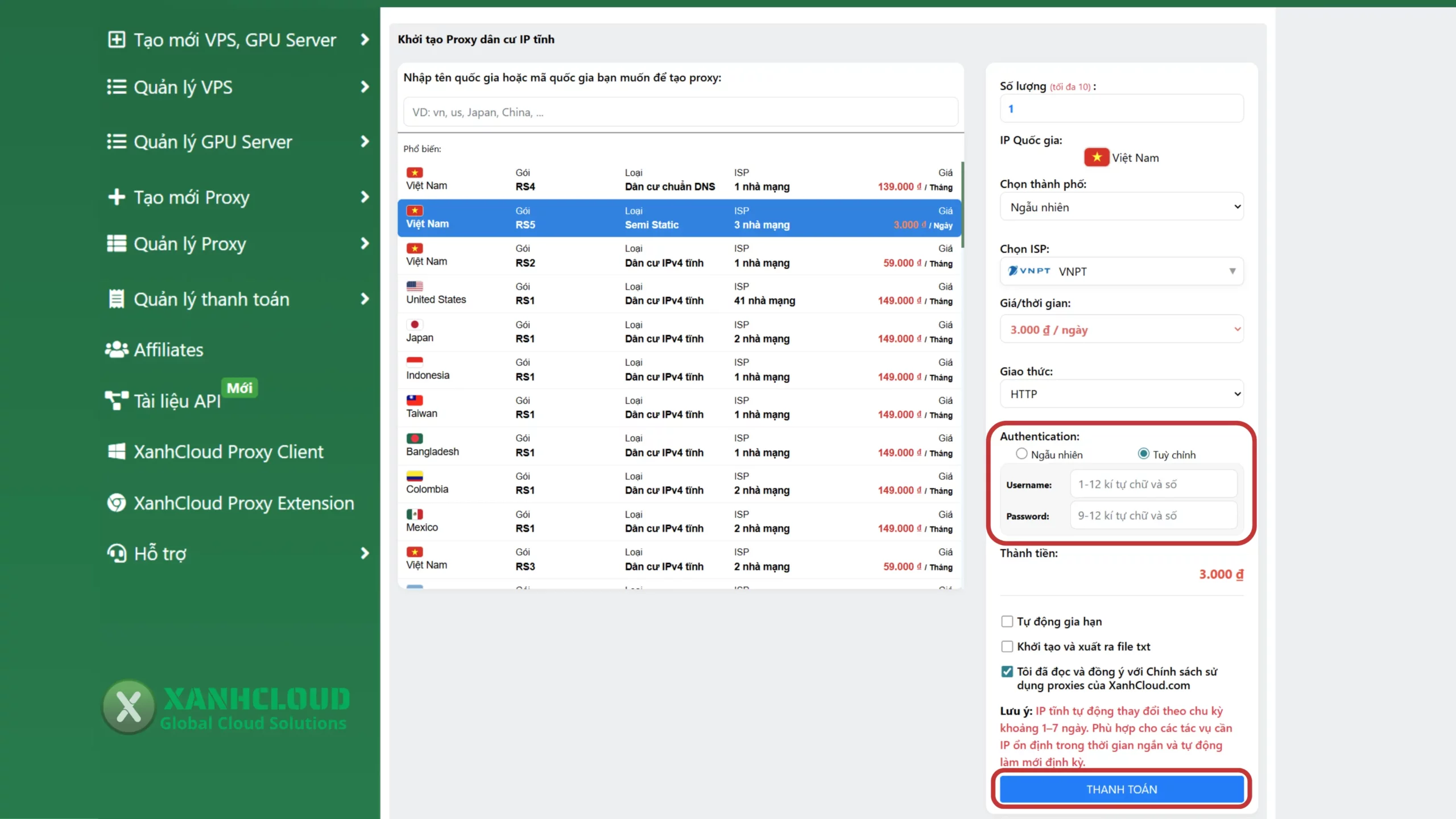 Giao diện tùy chỉnh Authentication và thanh toán gói proxy tại XanhCloud