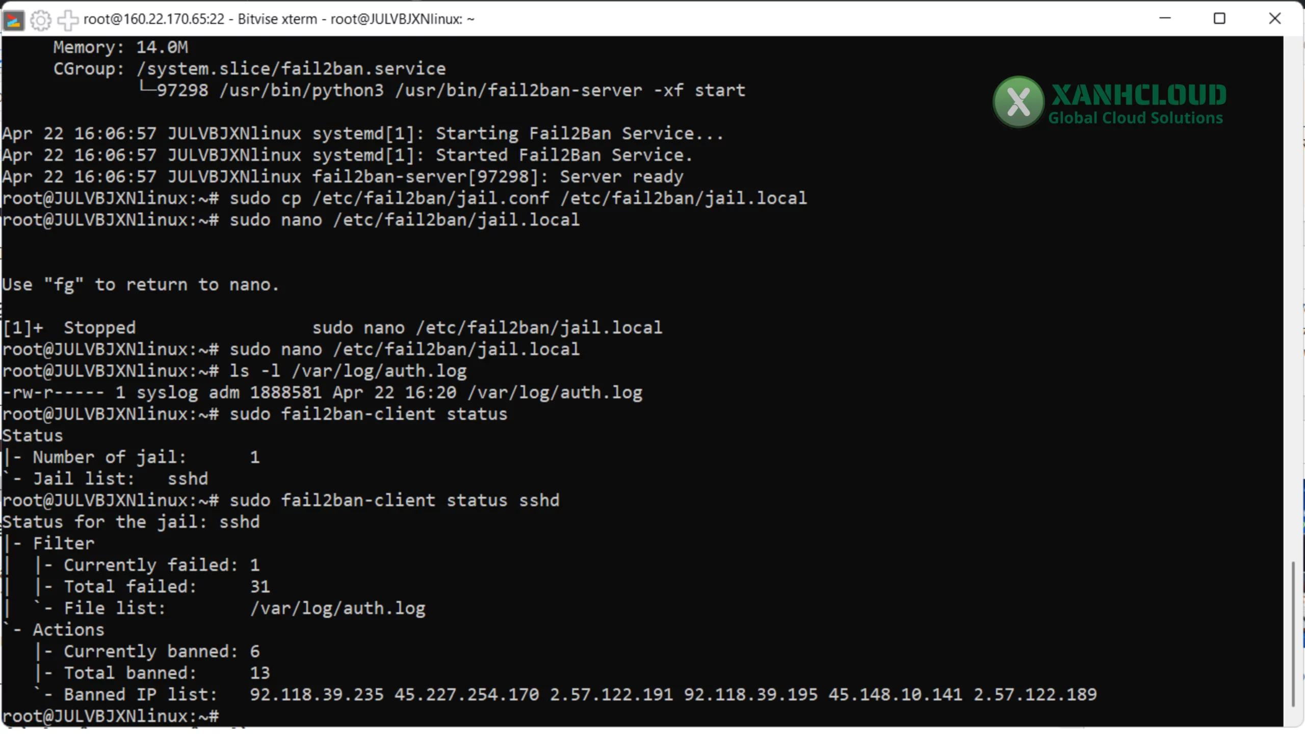 Terminal hiển thị danh sách IP bị ban