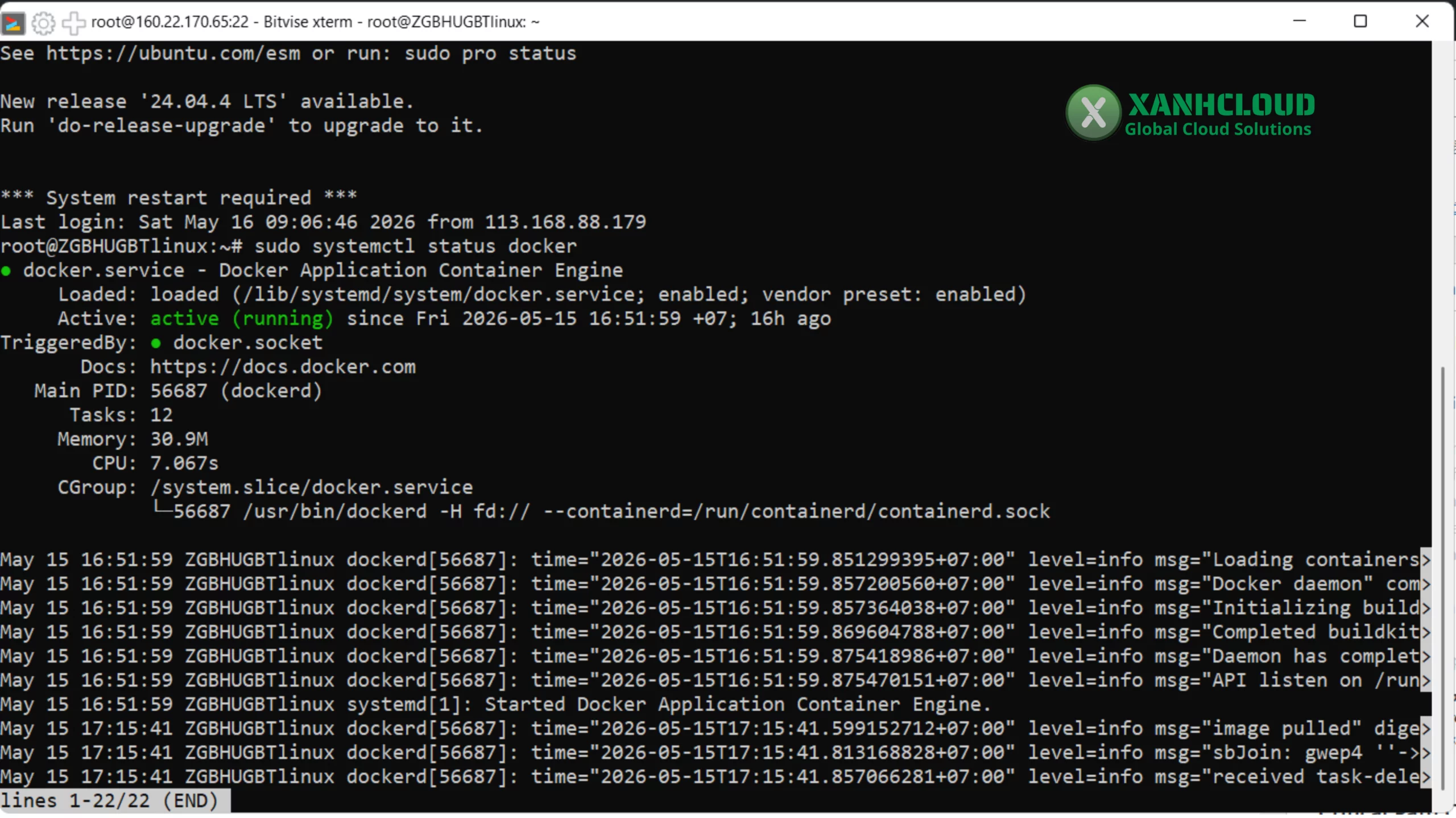 Docker service đang active (running) trên Ubuntu 22.04