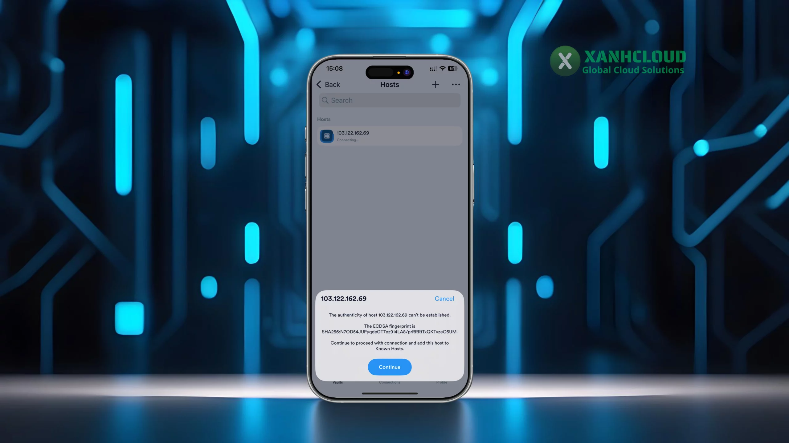 Termius đang thực hiện kết nối SSH tới VPS Linux trên iPhone