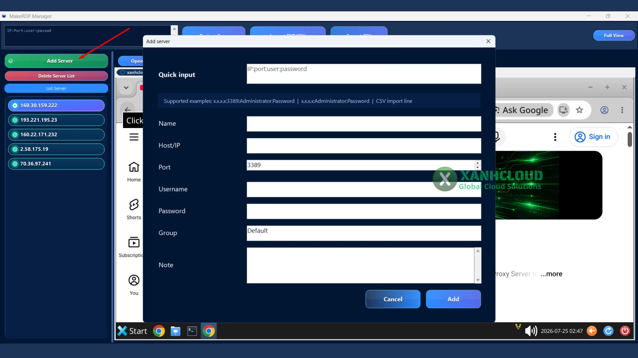 Chức năng Add Server trên MakeRDP Manager