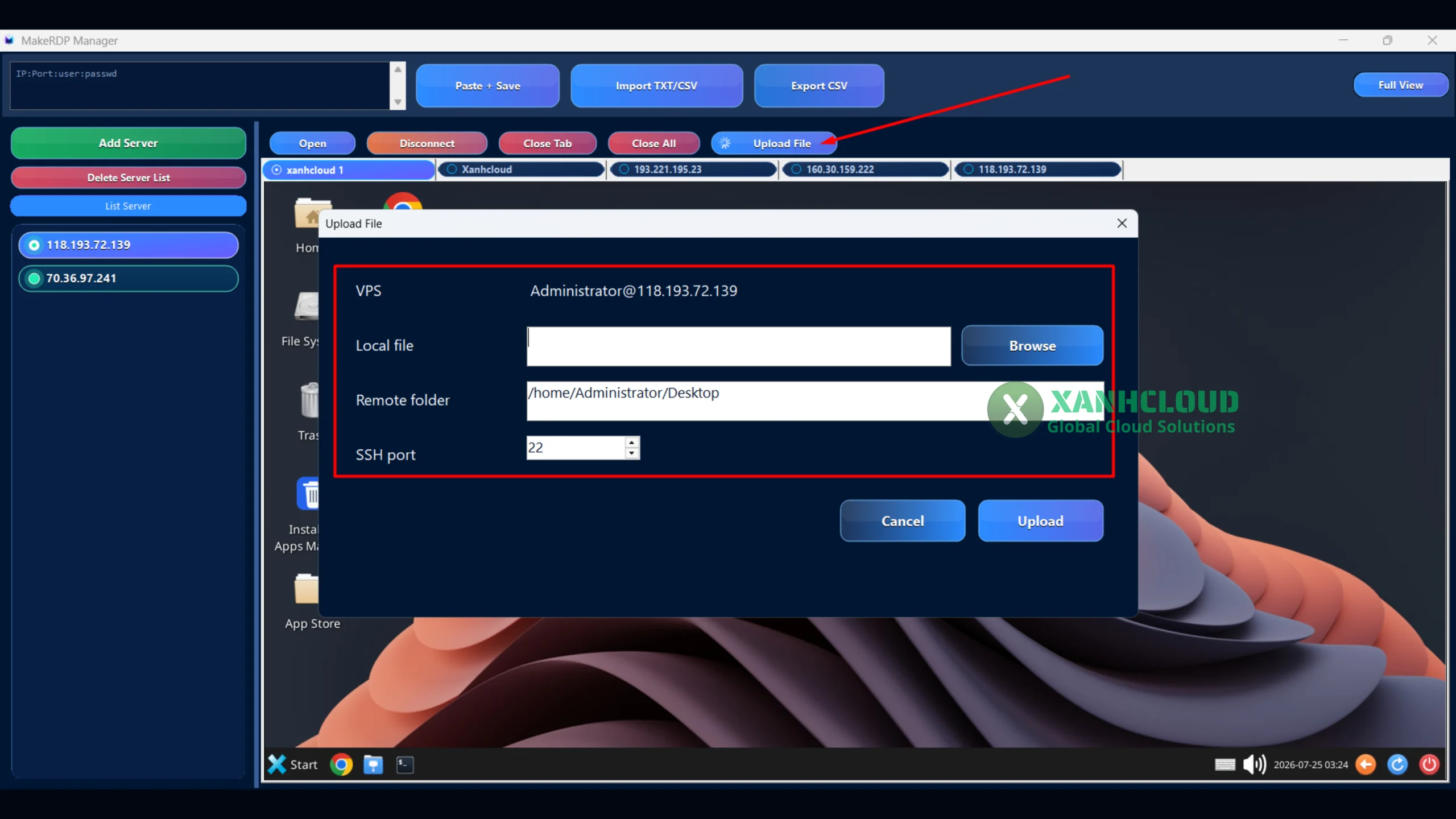 Giao diện Upload File trên MakeRDP Manager