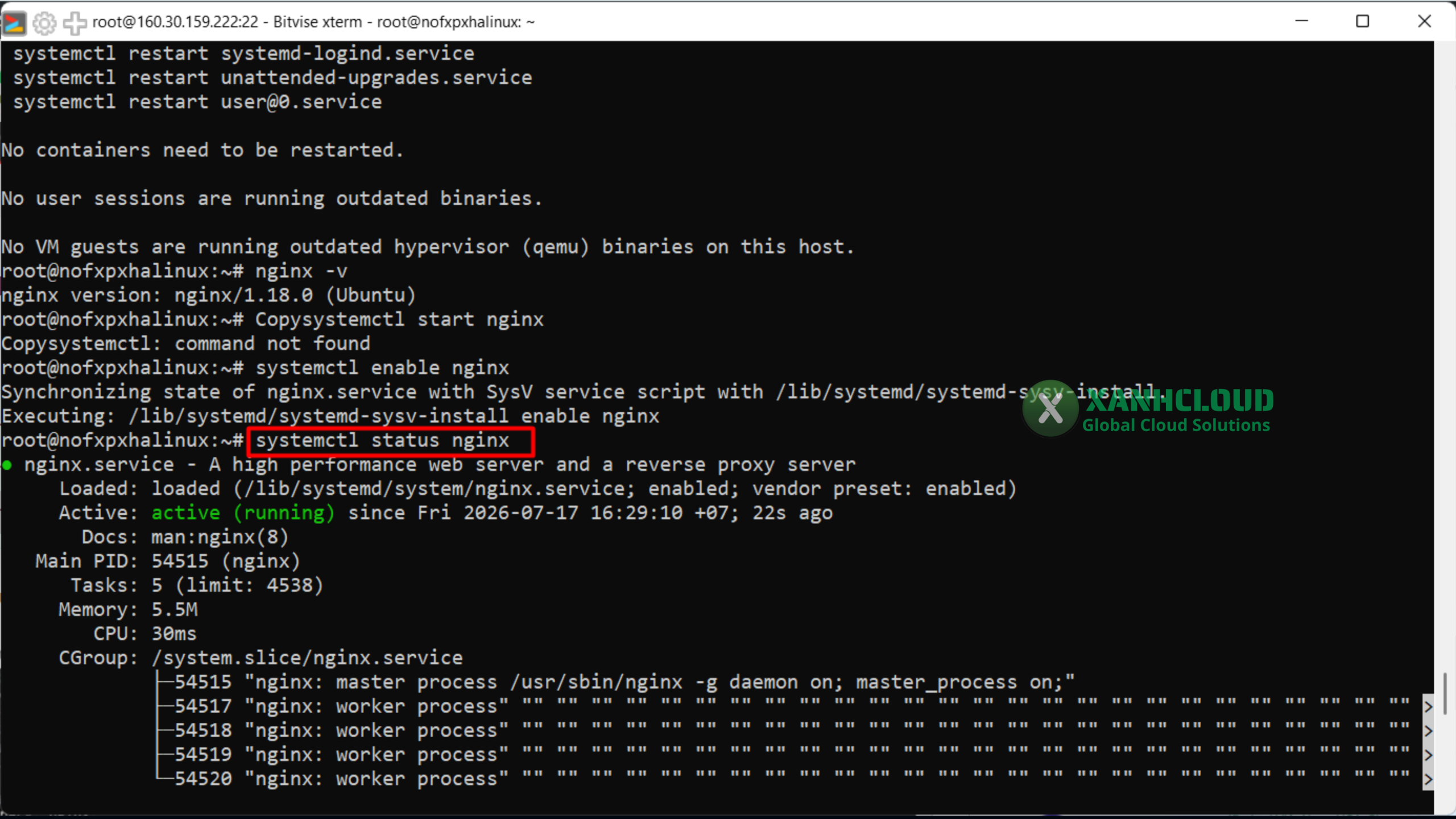 Kiểm tra trạng thái dịch vụ Nginx bằng systemctl trên Ubuntu