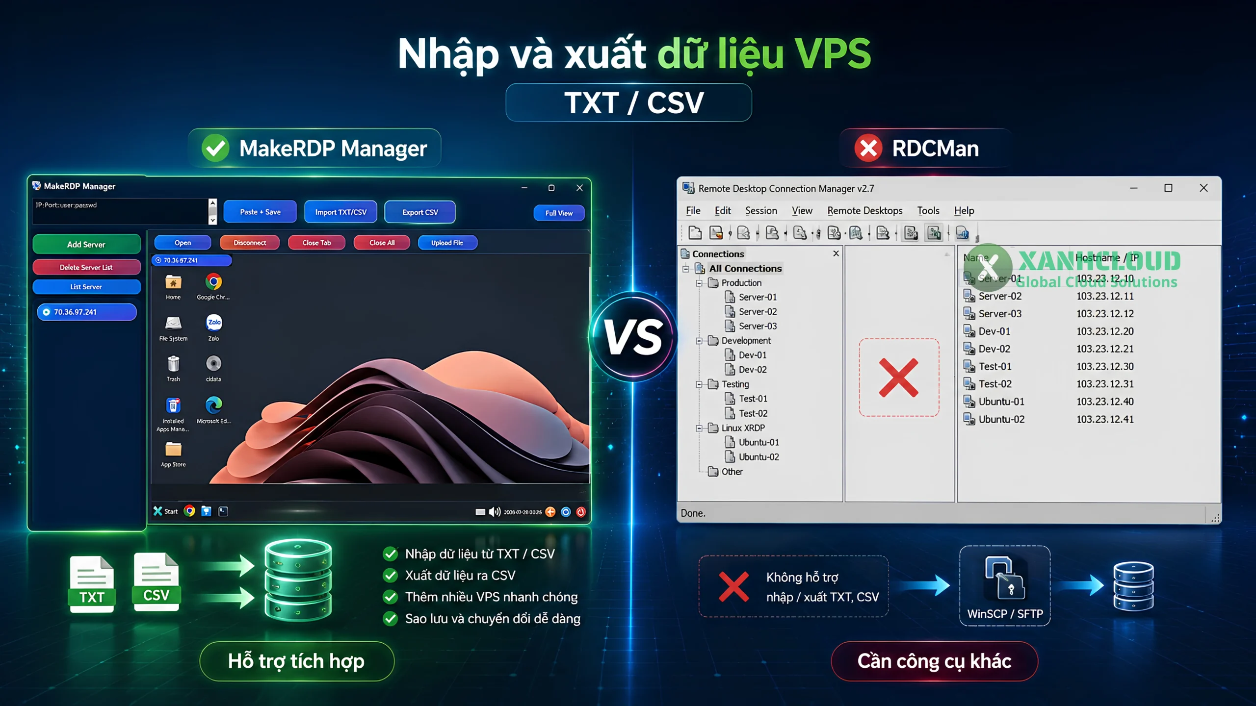 MakeRDP Manager hỗ trợ nhập và xuất dữ liệu VPS bằng TXT hoặc CSV
