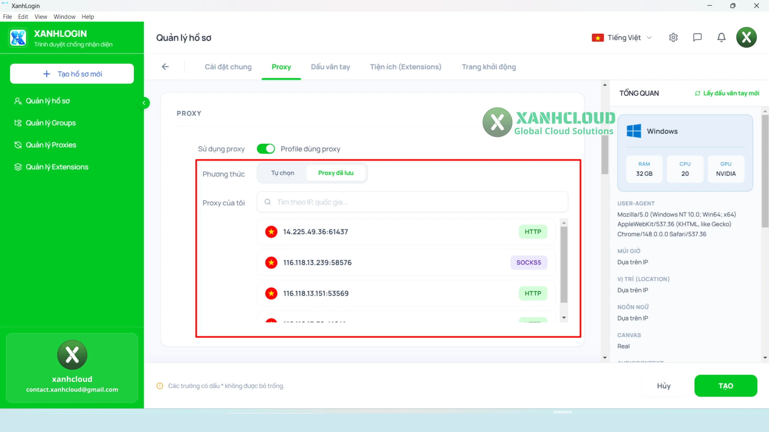 Chọn Proxy đã lưu cho Profile trên XanhLogin