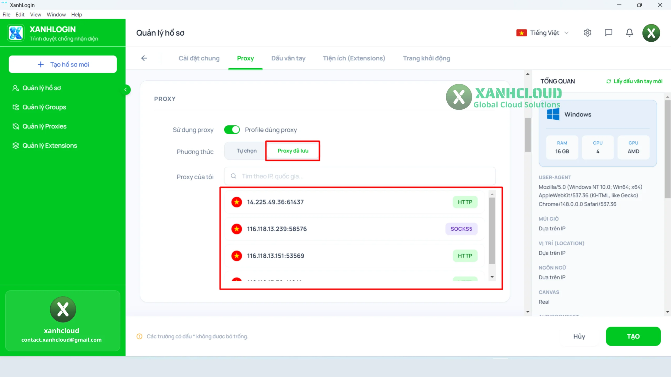 Người dùng có thể lựa chọn lại Proxy đã lưu khi tạo hoặc chỉnh sửa Profile