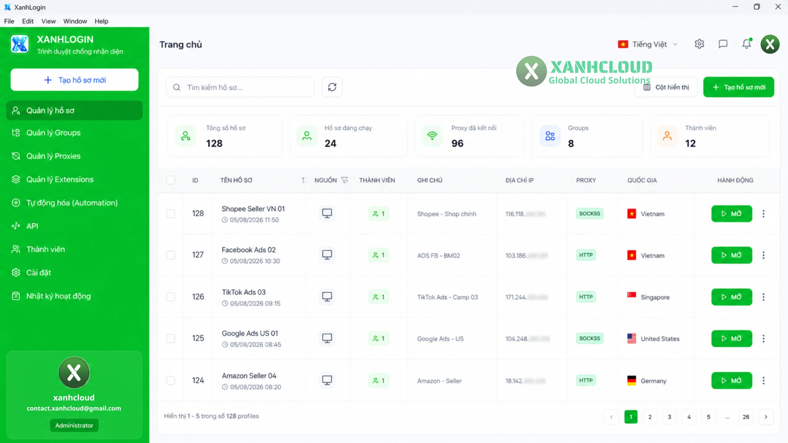 Dashboard được thiết kế trực quan, giúp quản lý Profile, Proxy và các tính năng trên cùng một màn hình