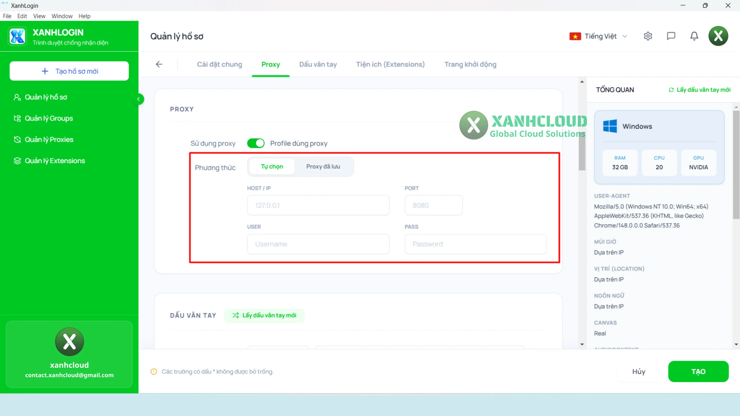Nhập Proxy trực tiếp trên XanhLogin theo định dạng IP Port Username Password