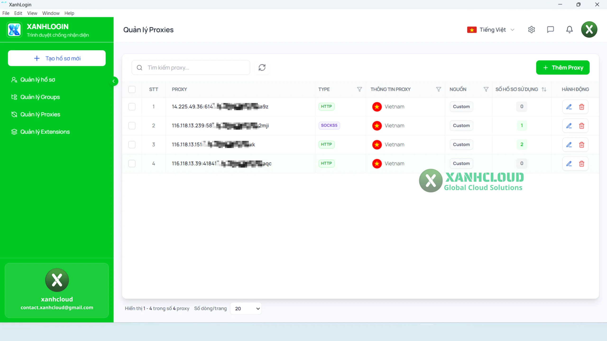 Quản lý Proxy trên XanhLogin