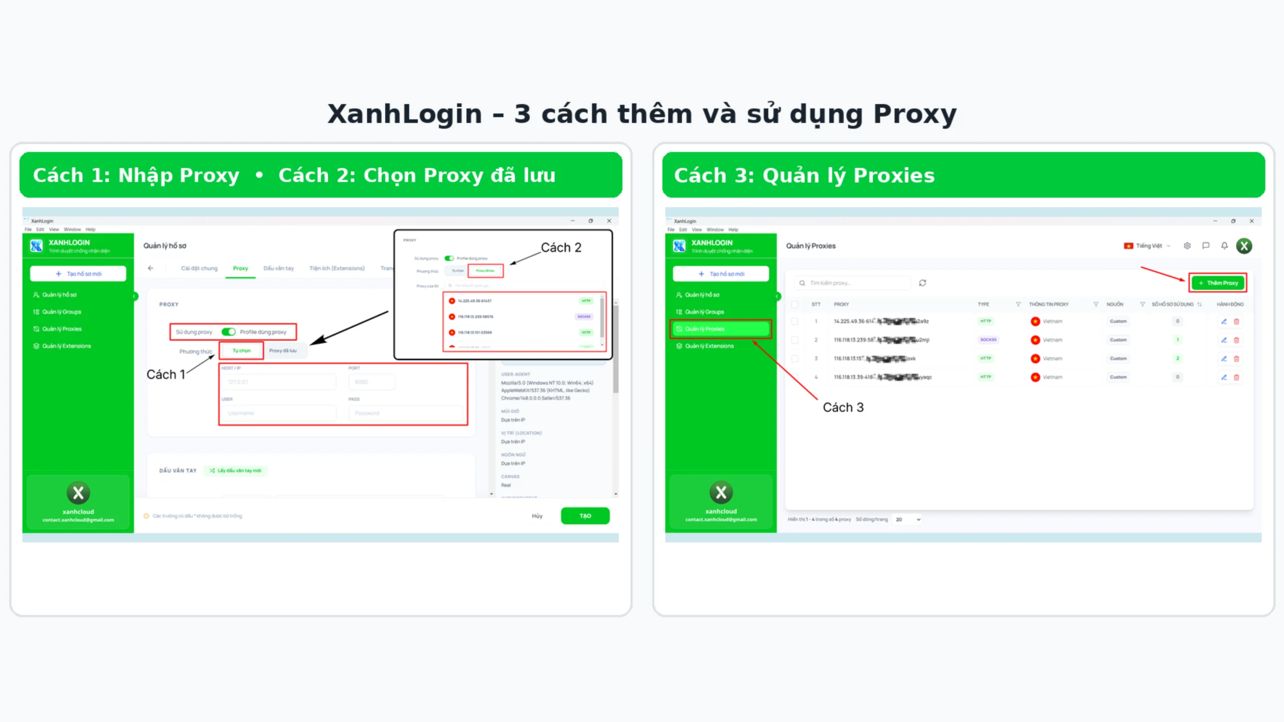 Quản lý và thêm Proxy trên XanhLogin