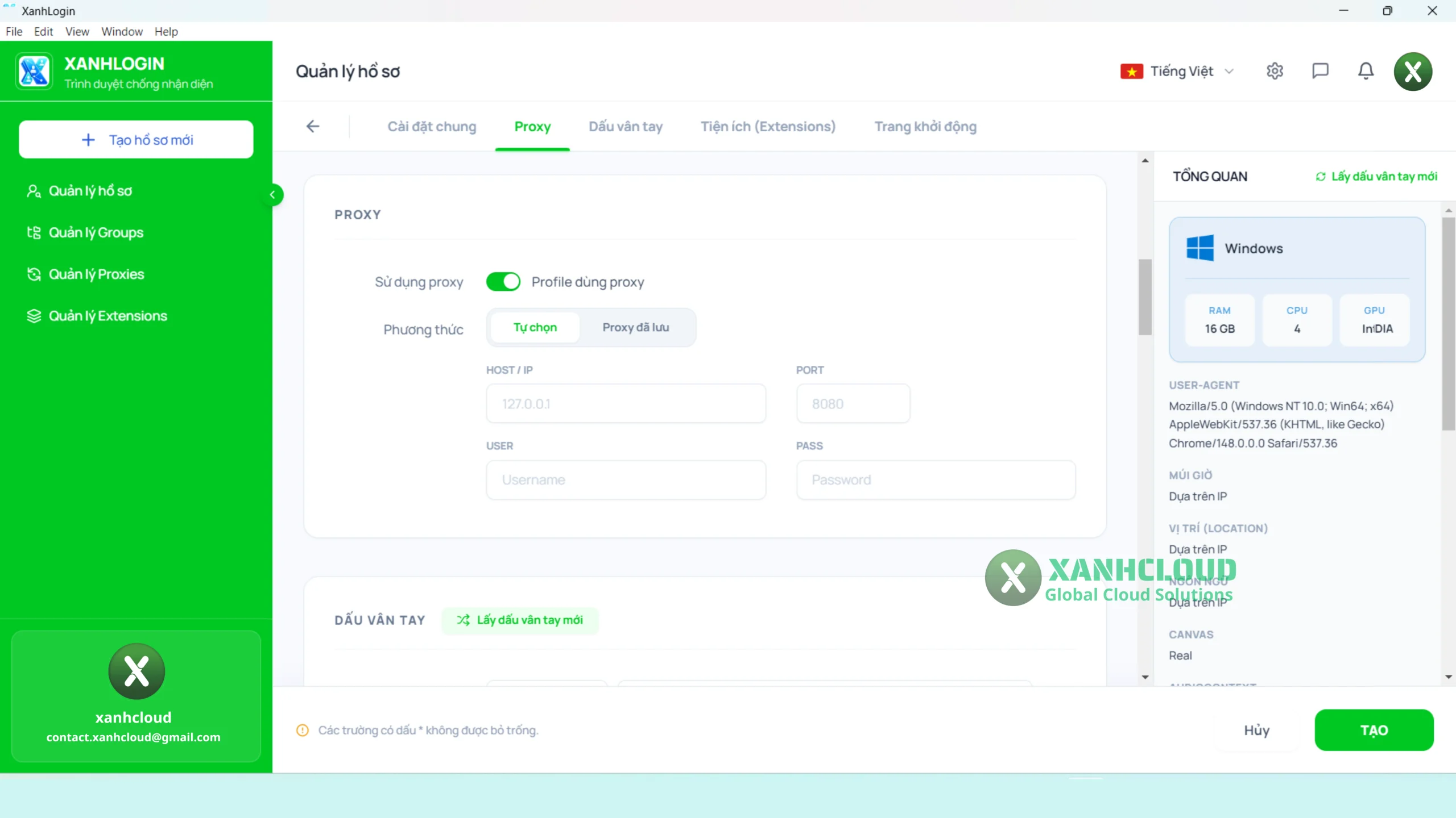 XanhLogin cho phép cấu hình Proxy trực tiếp khi thiết lập Profile