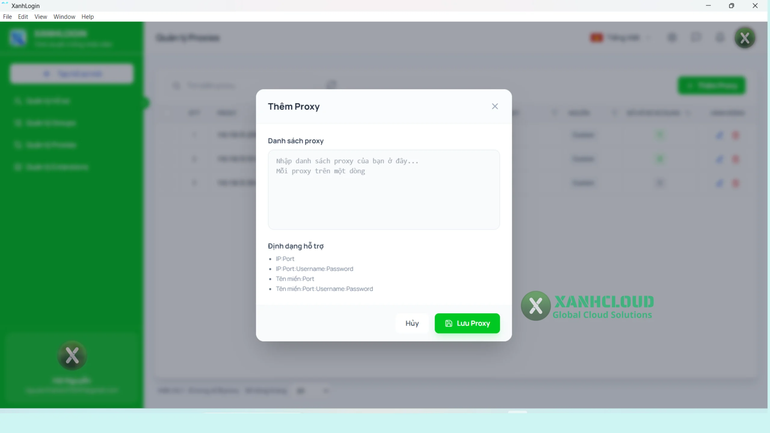 XanhLogin hỗ trợ thêm và lưu danh sách Proxy trong khu vực Quản lý Proxy