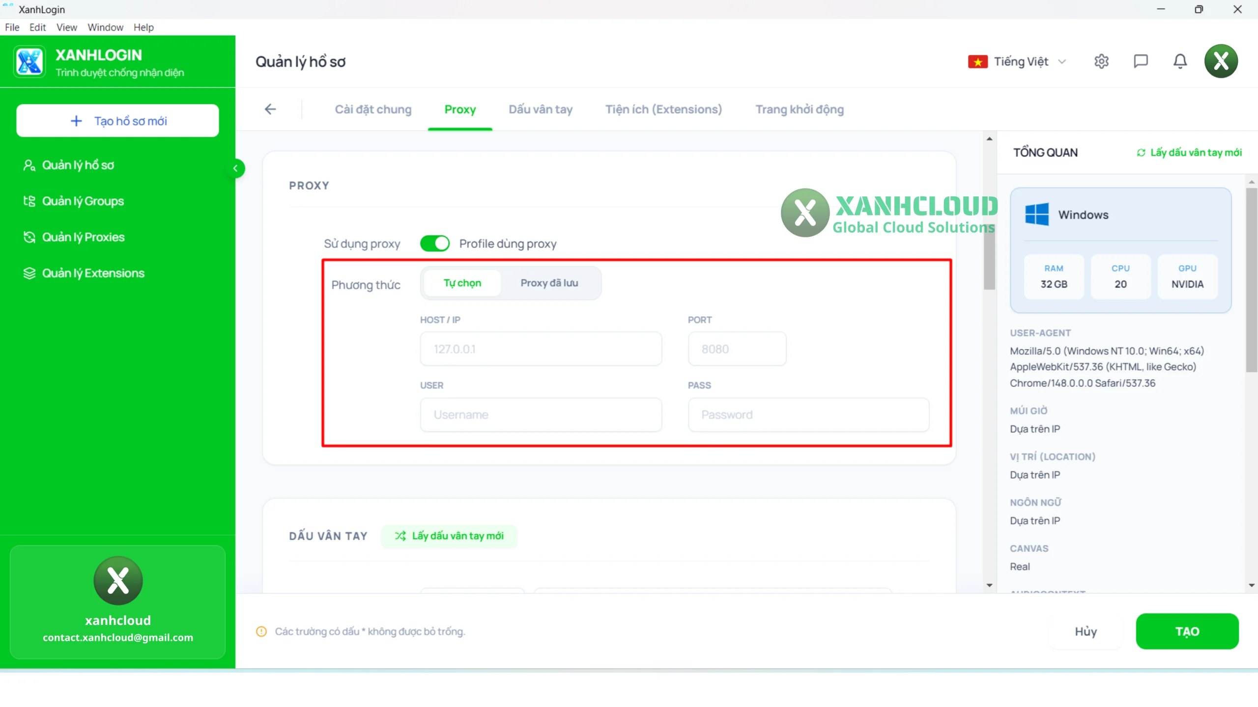 Cấu hình Proxy cho Profile trên XanhLogin